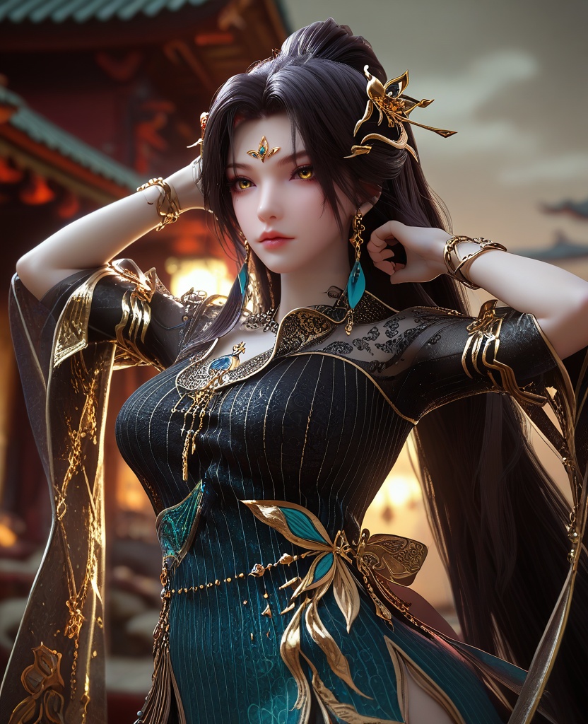(oriental architecture, elegant decor, sophisticated style:1.1),(Hands up fixing hair,:1.1),Fisheye-shot,(large breasts:1.2),<lora:XL16云深不知梦羲和第9集:0.95>,miss xihe,ombre gown,yellow eyes,forehead jewel,black hair,absurdly long hair,traditional chinese updo with long cascading hair,hair ornament,jewelry,earrings,wide sleeves,boots,eyeshadow,, score_9,score_8_up,score_7_up,score_6_up,score_5_up,score_4_up,3d rendering,tag1,tag2, Cinematic Lighting,backlighting,