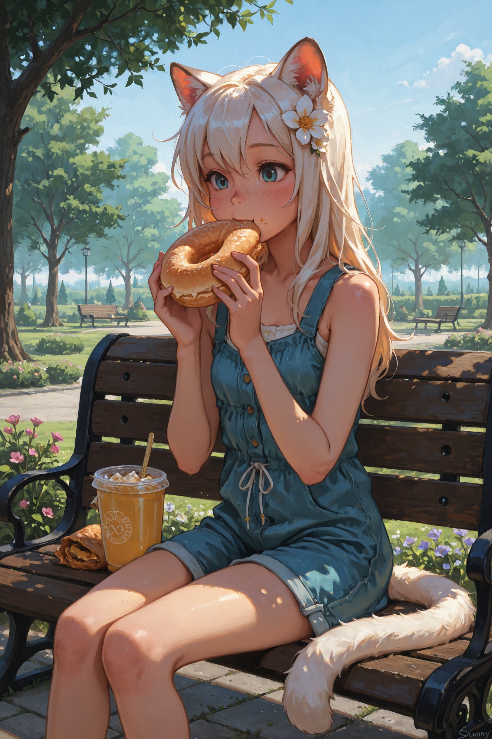 cute catgirl,  solo,  eating a bagel on Tensor.Art