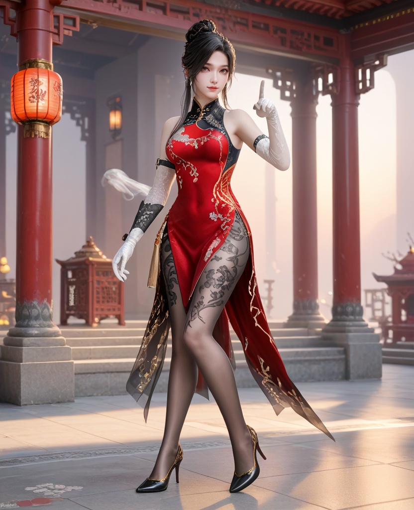 (oriental architecture, elegant decor, sophisticated style:1.1),(pointing at viewer:1.1),(breasts:1.2),<lora:XL16永劫无间顾清寒皮肤冰凌:0.95>,miss guqinghan,red china dress,brown eyes,black hair,single updo with long front strands,white elbow gloves,black pantyhose with floral embroidery,black high heels,side slit,, score_9,score_8_up,score_7_up,score_6_up,score_5_up,score_4_up,3d rendering,tag1,tag2, Cinematic Lighting,backlighting,