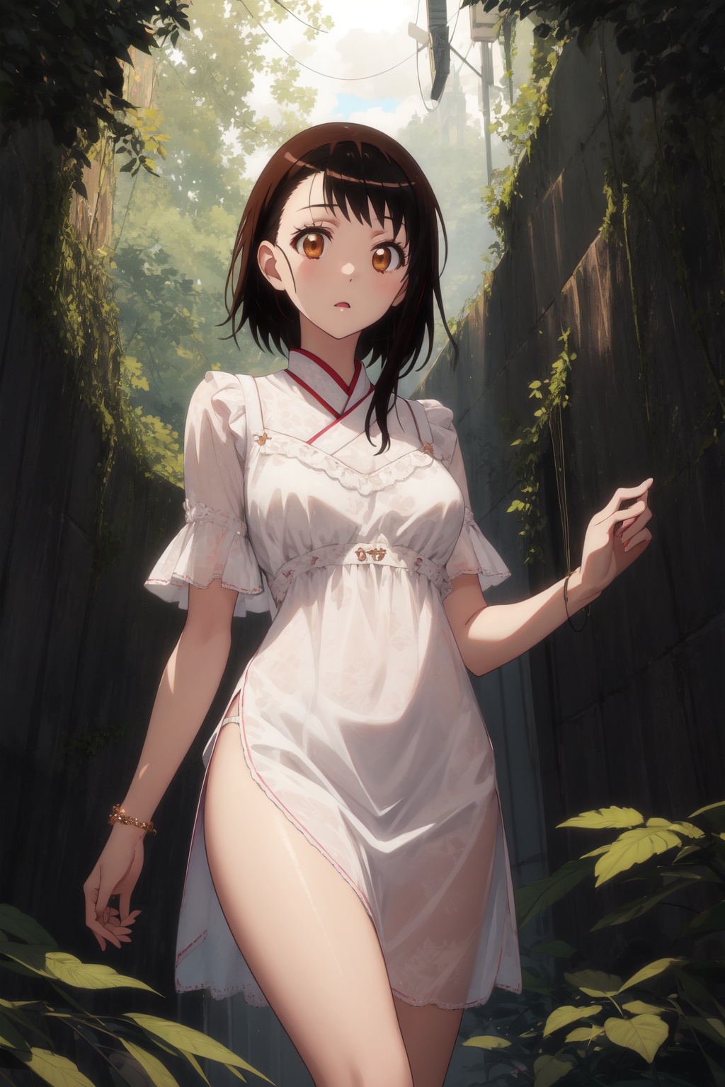 <lora:Kosaki-000013:0.8>,Kosaki CYQL,1girl,looking at viewer,solo,brown hair,short hair,asymmetrical hair,brown eyes,satin slip dress with metallic heels and a statement bracelet.,teardrop,cowboy_shot,Ruins, Jungle, Trees, Vines, Moss, History, Mystery, Exploration,(Canopy walkway, Epiphytes, Rainforest canopy, Exotic birds, Adventure tour, Rainforest ecosystem:0.5),beautiful detailed sky,beautiful detailed glow,posing in front of a colorful and dynamic background,masterpiece,best quality,beautiful and aesthetic,contrapposto,female focus,wallpaper,