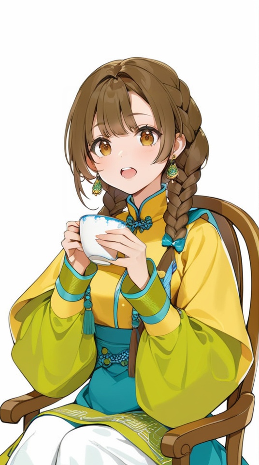 (best quality), ((masterpiece)), (highres), illustration, original, extremely detailed, <lora:ACG ART_Vl:0.7>1girl, solo, white background, brown hair, cup, brown eyes, braid, open mouth, holding cup, long hair, simple background, long sleeves, earrings, twin braids, holding, jewelry, sitting, mole, teeth, weibo logo, upper teeth only, weibo username, blush, chair, bangs, upper body, looking at viewer