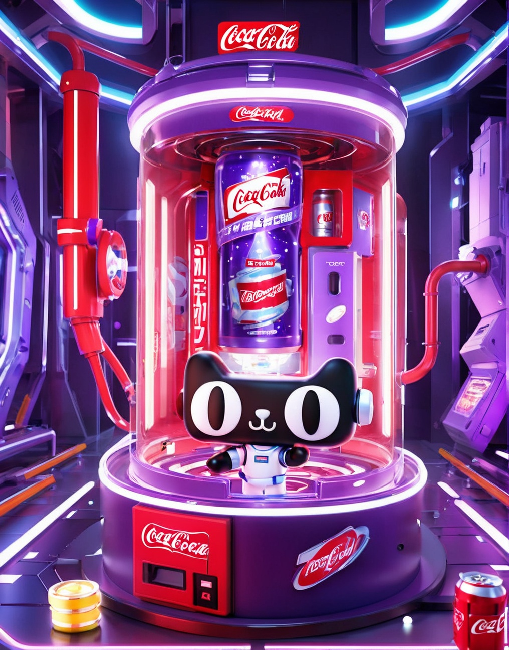 masterpiece, best quality,Tmall，Tmall ip,Rich details, C4D modeling, octane render,Astronaut, floating in space, claw machine, space, star, happy, blue purple light, playing games, transparent oxygen coke production machine, in the coke production factory,Red light tube, <lora:Tmall SDXL-000006:0.8>, masterpiece, best quality,