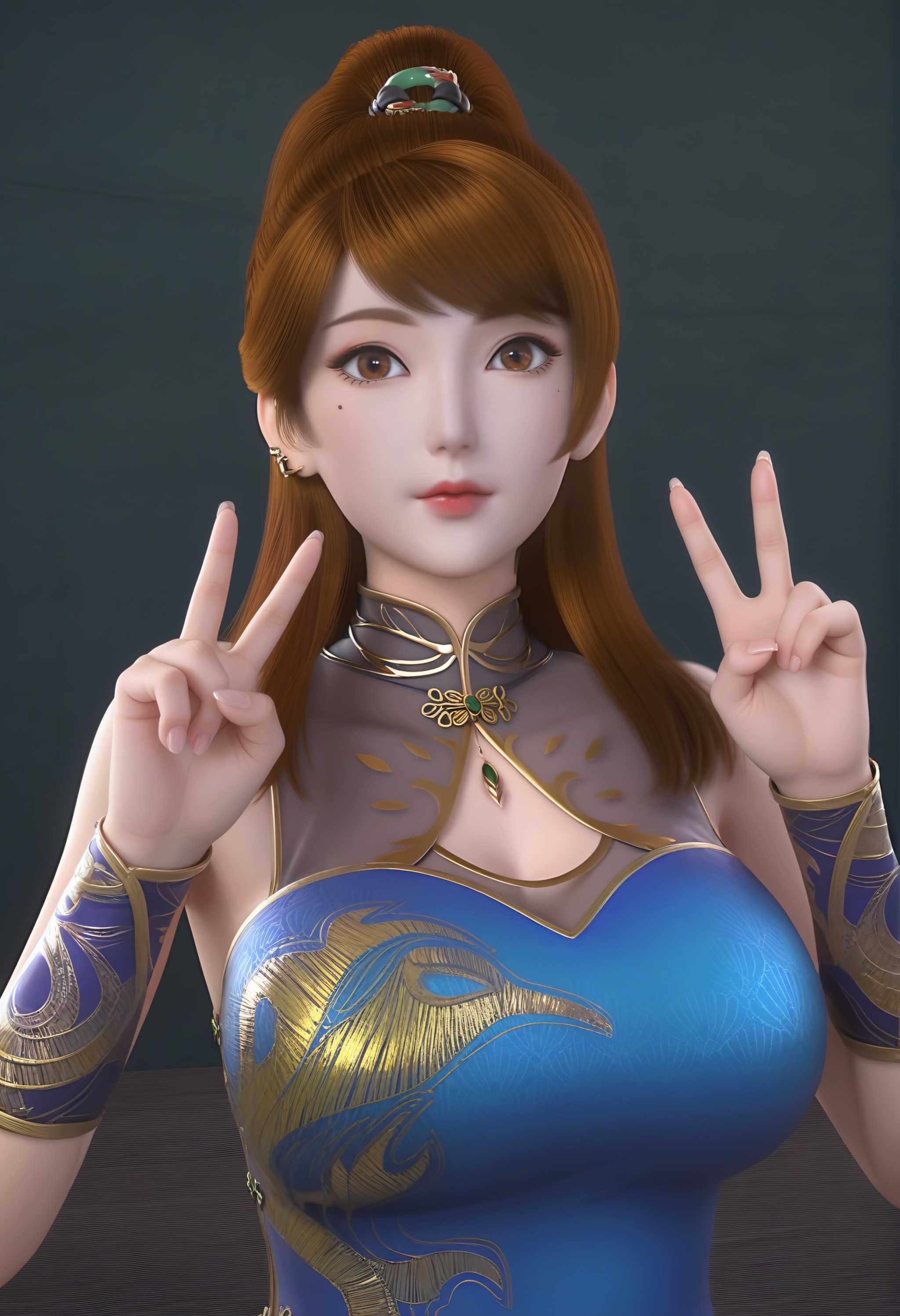 (score_9),double v,<lora:肖凝儿-Apony-000008:0.85>,xiaoninger,solo,1girl,brown hair,long hair,ponytail,brown eyes,hair rings,jewelry,ear piercing,mole under eye,lipstick,cocked eyebrow,china dress,high collar,bracer,side slit,<lora:perfect-eyes:0.8>,light blush,body blush,looking at viewer,front view,mature,glamor,collarbone,puffy breasts,pointy_breasts,large breasts,<lora:e色温:0.5>,<lora:e肤色滑块:0.5>,