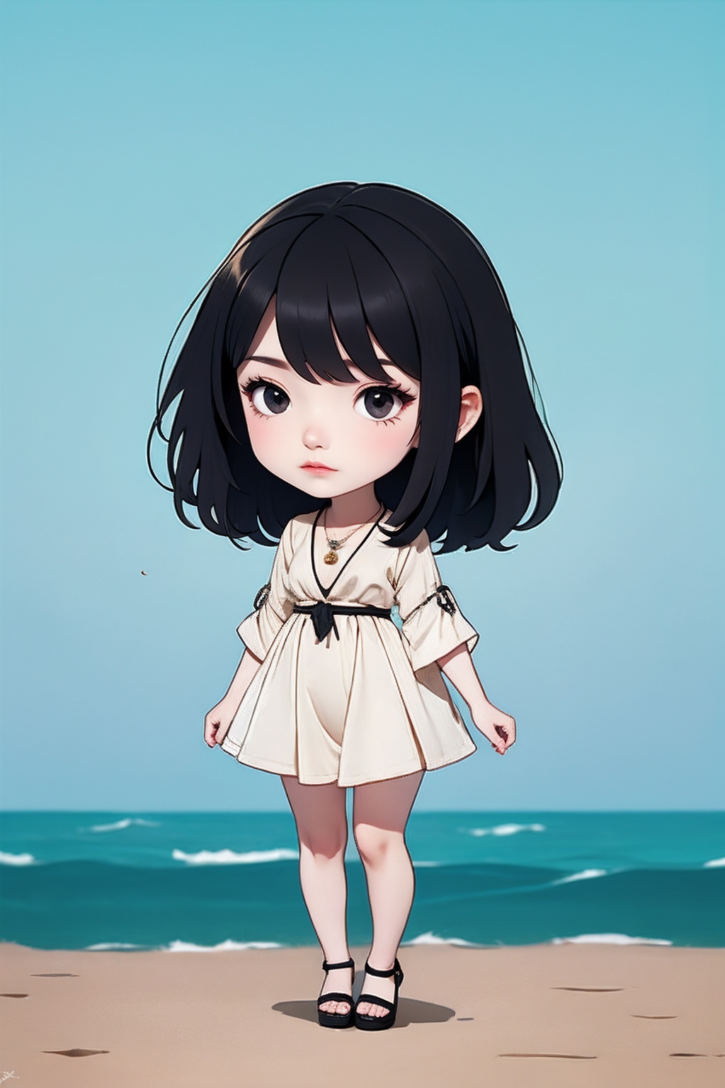 <lora:AgainChibiLora_v1:1>,1girl, solo, jewelry, black hair, necklace, dress, black eyes, black dress, black footwear, (full body:1.2), (sea:1.2),
