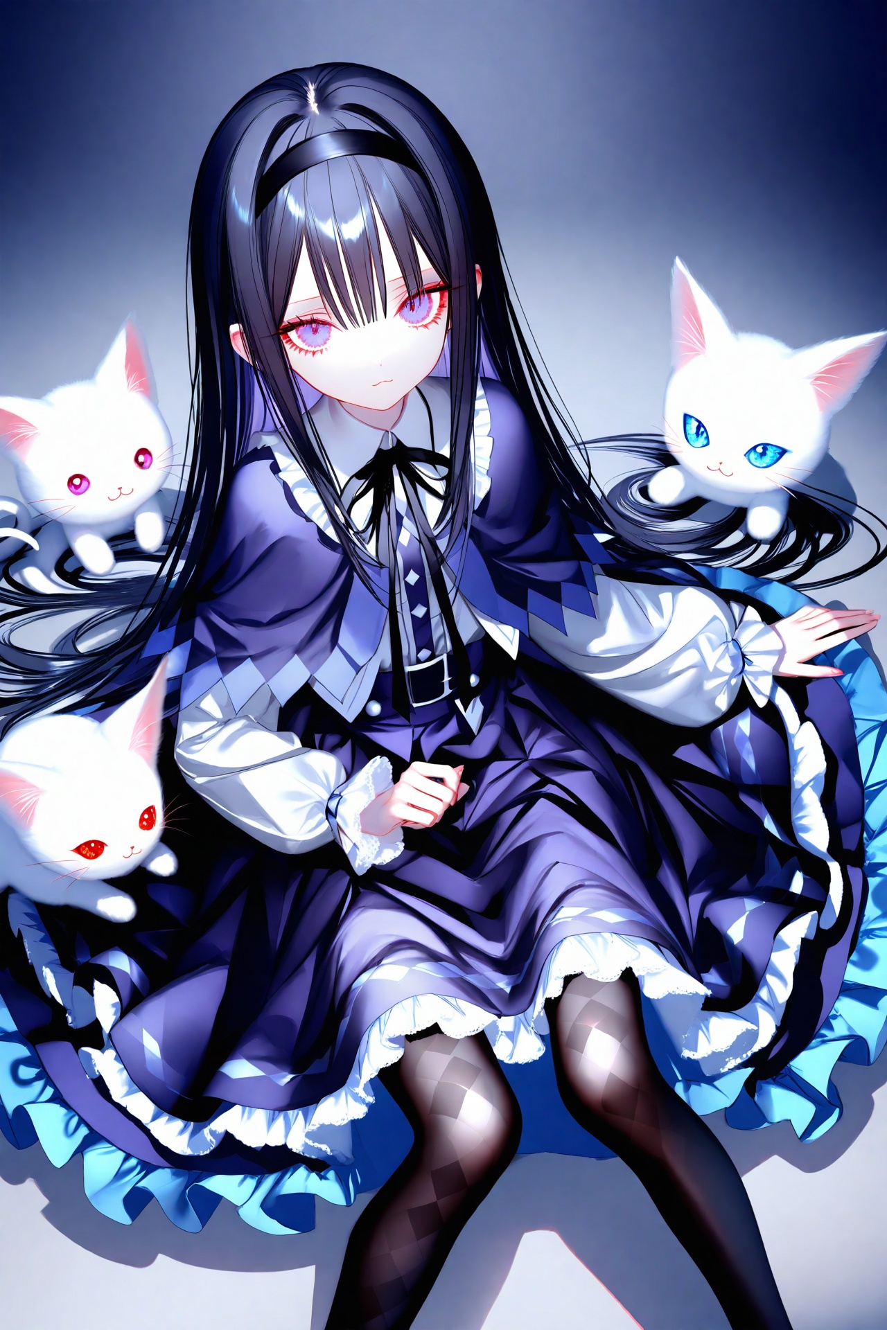 (masterpiece),(best quality),illustration,ultra detailed,hdr,Depth of field,(colorful),[pottsness],[iumu],[Sheya],1girl,loli,akemi homura,sitting,long hair,pantyhose,black hair,purple eyes,hairband,kyubey,long sleeves,skirt,looking at viewer,argyle legwear,bangs,capelet,black pantyhose,frills,closed mouth,feet out of frame,black hairband,frilled skirt,ribbon,magical girl,:3,shirt,argyle,creature,knees together feet apart,neck ribbon,expressionless,on lap,white shirt,solo,