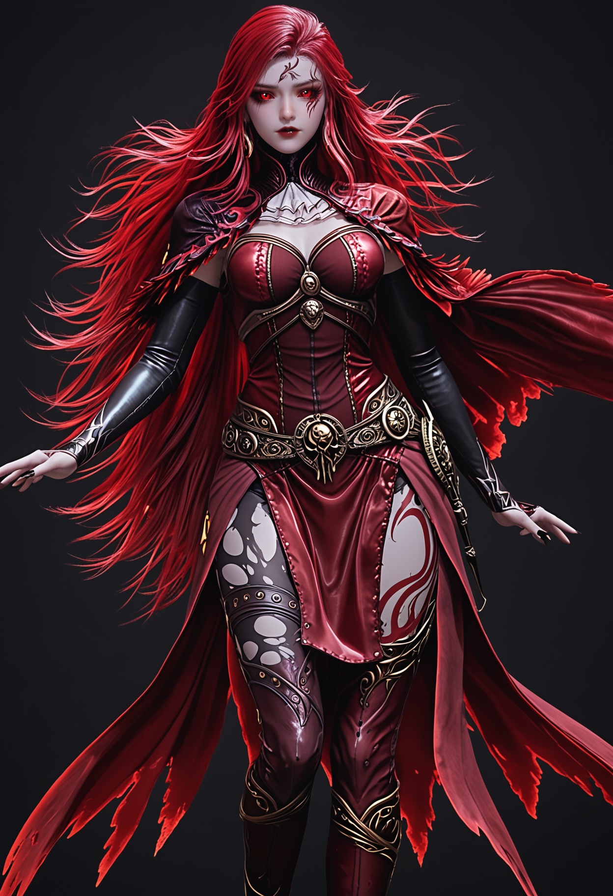 (upper_body:1.2),score_9,score_8_up,masterpiece,(best quality),intricate details,facing viewer,(looking at viewer:1.1),<lora:YQ_pony_maxiaotao_fuzhang2_V4:0.8>,q1528437228,1girl,solo,long hair,red hair,red eyes,dress,cape,belt,boots,jewelry,red dress,thighhighs,earrings,colored sclera,black sclera,high heels,torn clothes,tattoo,red cape,ascot,brown eyes,facial mark,gloves,armor,glowing eyes,red sclera,thigh boots,high heel boots,white ascot,black footwear,BREAK(score_9:1.2),(score_8_up:1.2),masterpiece,best quality,very aesthetic,perfect anatomy,(hourglass),perfect face,(simple background,pure black background,black background:1.1),fair_skin,(shiny_skin:1.1),Ivory_skin,