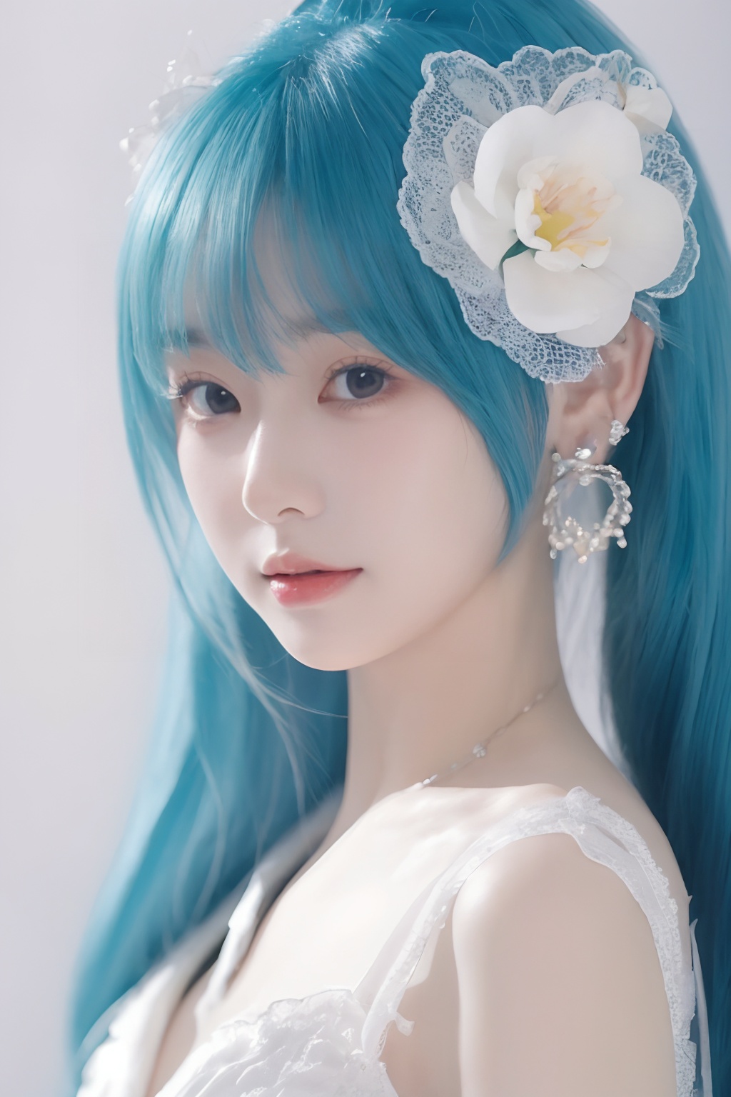 1girl, flower, hair_flower, hair_ornament, earrings, solo, jewelry, hatsune_miku, white_flower, closed_mouth, looking_at_viewer<lora:sifang_20231118123505:0.7>, 