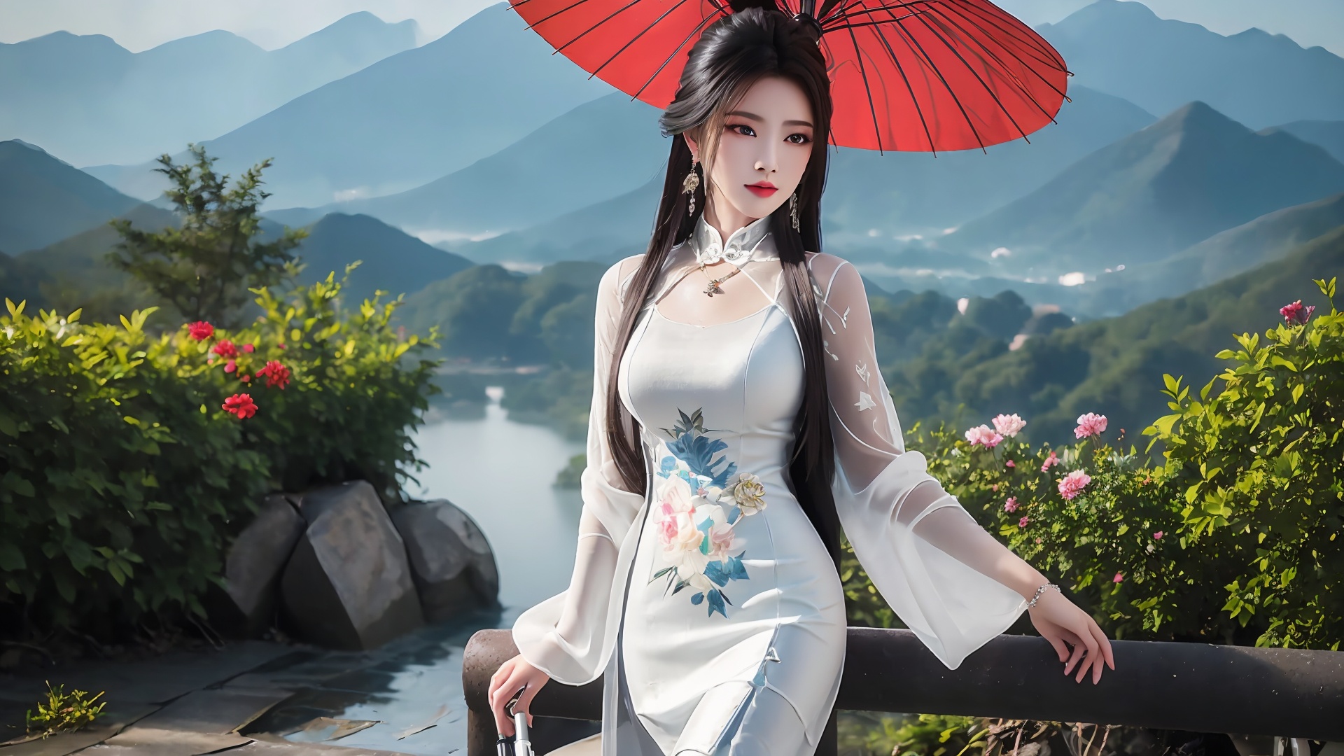 1girl,umbrella,solo,dress,white dress,holding umbrella,jewelry,long hair,black hair,holding,outdoors,chinese clothes,mountain,earrings,necklace,long sleeves,<lora:girl solo luxueqi_20240911015355:0.8>,