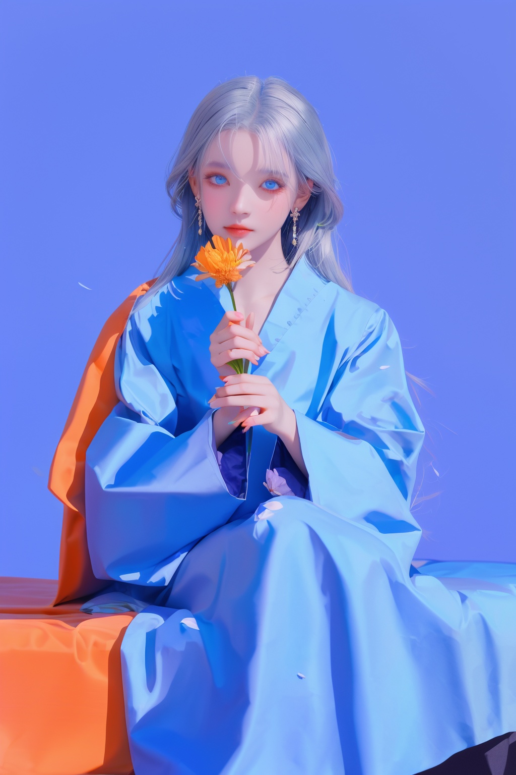 1girl,o_style,o_style,solo,1girl,blue background,flower,jewelry,looking at viewer,earrings,holding,simple background,sitting,holding flower,long sleeves,blue eyes,wide sleeves,artist name,petals,grey hair,<lora:o_style_512_dreamshaper_8:0.8>,