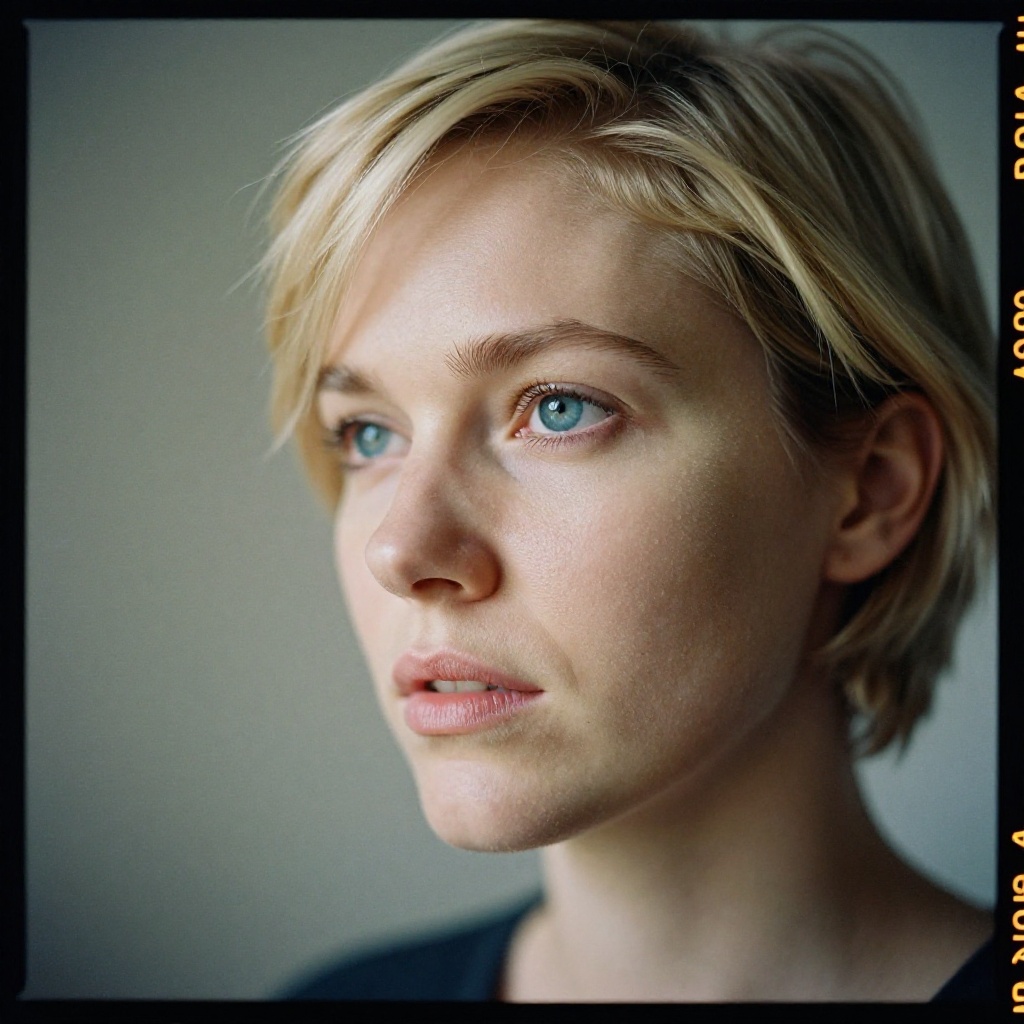 analog film photo of cinematic style,  Kodak Portra 400 analog film stocks of a woman with short blonde hair is looking at...