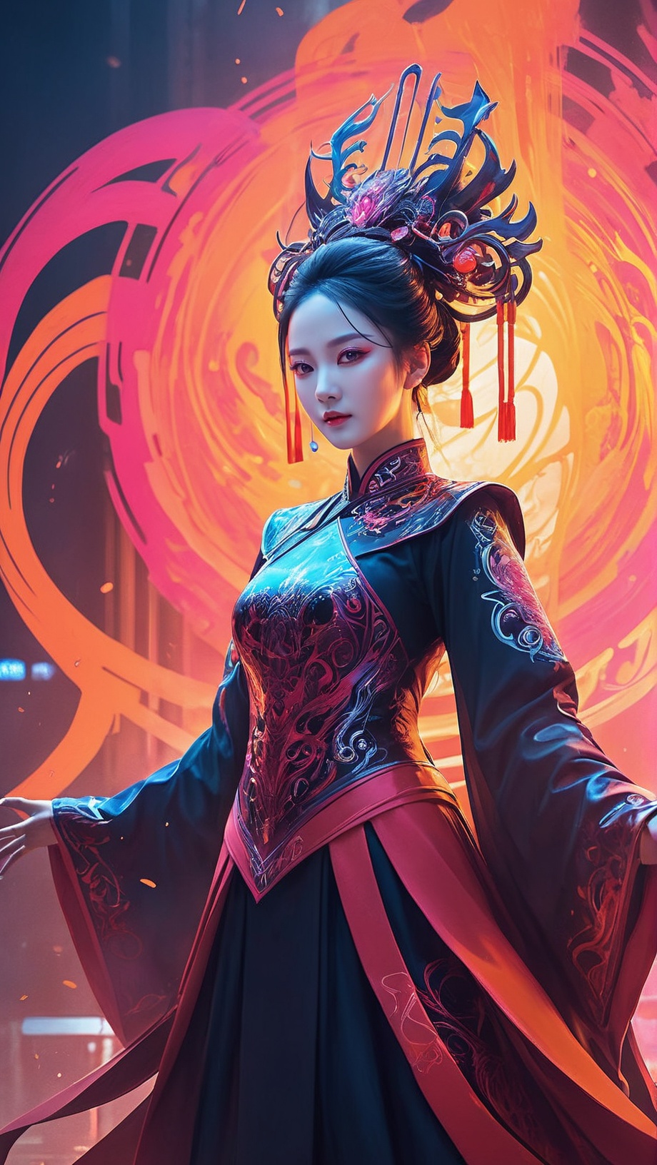 urban graffiti style concept art A Chinese female Opera playing,  fire,  fog on Tensor.Art