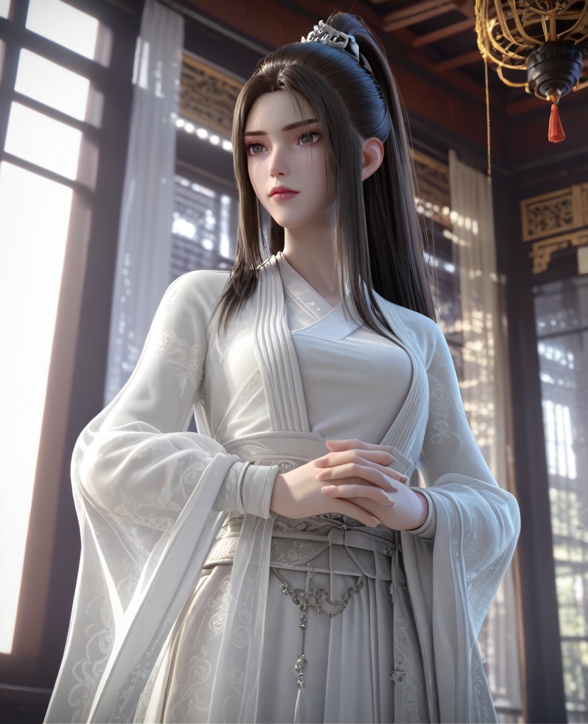 (oriental architecture, elegant decor, sophisticated style:1.1),(Standing with hands clasped behind the back,:1.1),(breasts:1.2),<lora:XL16永生方清雪:0.95>,miss fangqingxue,see-through overdress with embroidery,black hair,half-up ponytail with long cascading hai,very long hair,wide flowing sleeves,white hagoromo,, score_9,score_8_up,score_7_up,score_6_up,score_5_up,score_4_up,3d rendering,tag1,tag2, Cinematic Lighting,backlighting,
