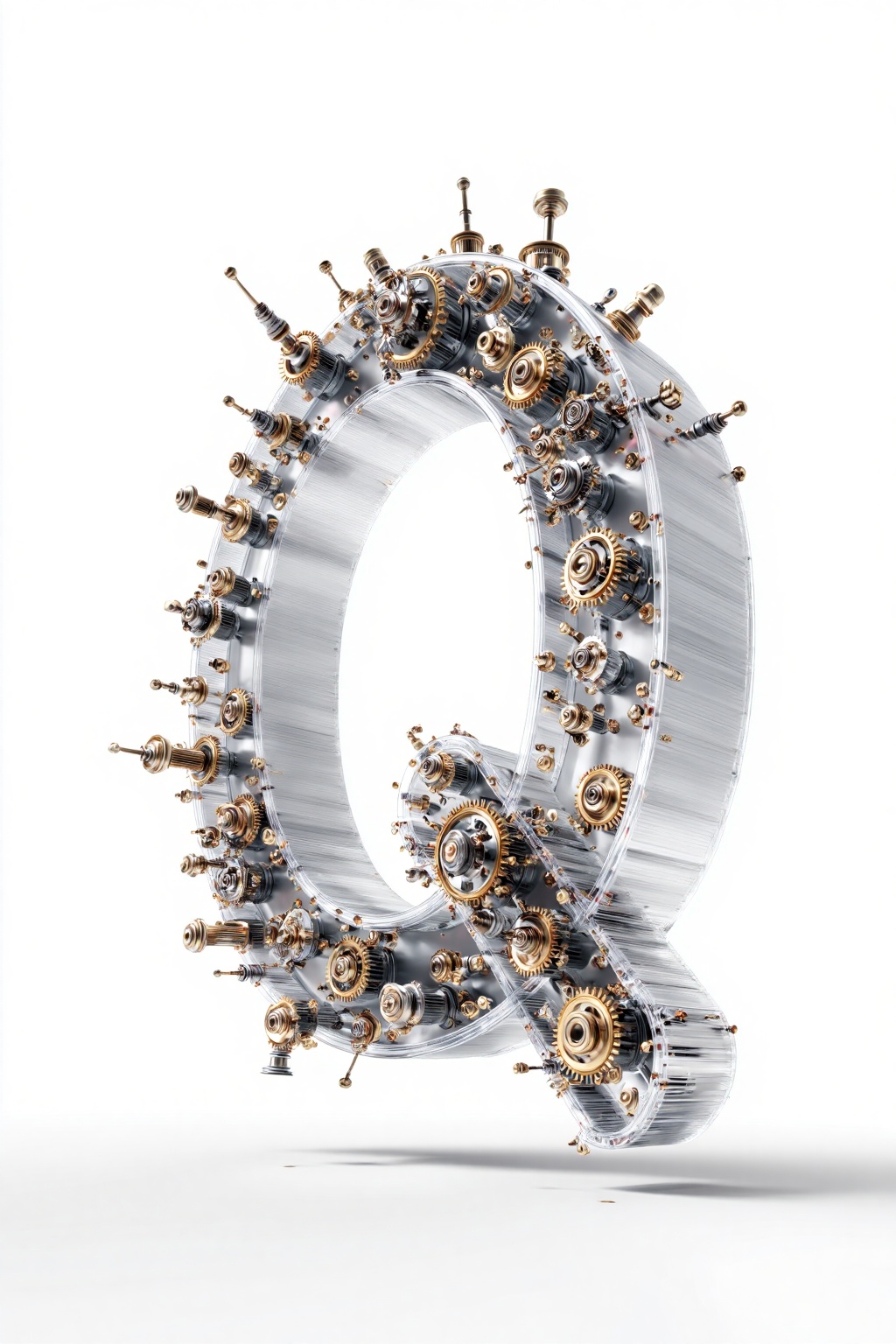 beijihui,3D icon design of letter 'Q', **** of interlocking mechanical gears with polished metallic finish and visible cogs, hyperrealistic, hyperdetail, front view, studio lighting, 100mm lens, white solid background 