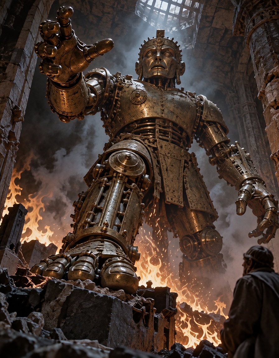 A gigantic bronze automaton awakening inside a ruined underground temple,  miniature architecture combined with a full-sca...
