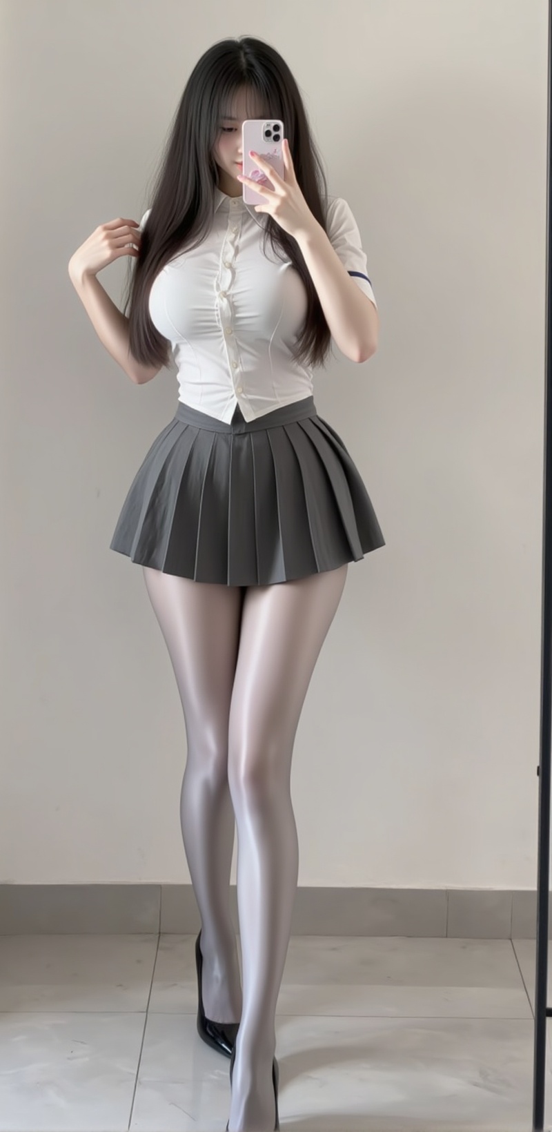 <lora:丝袜套装2:1.2>,siwataozhuang,1girl,solo,pantyhose,selfie,long hair,skirt,breasts,phone,black hair,cellphone,large breasts,shirt,smartphone,pleated skirt,full body,white shirt,holding phone,standing,holding,reflection,black footwear,miniskirt,school uniform,black skirt,indoors,high heels,taking picture,1,cover,simple background,gradient background,close-up details,outstanding style,adding a touch of dimension to your images without compromising details,close-up,<lora:DJ滤镜_2.5D版:0.3>,lvjing,<lora:油画唯美滤镜15:0.3>,baoshi,