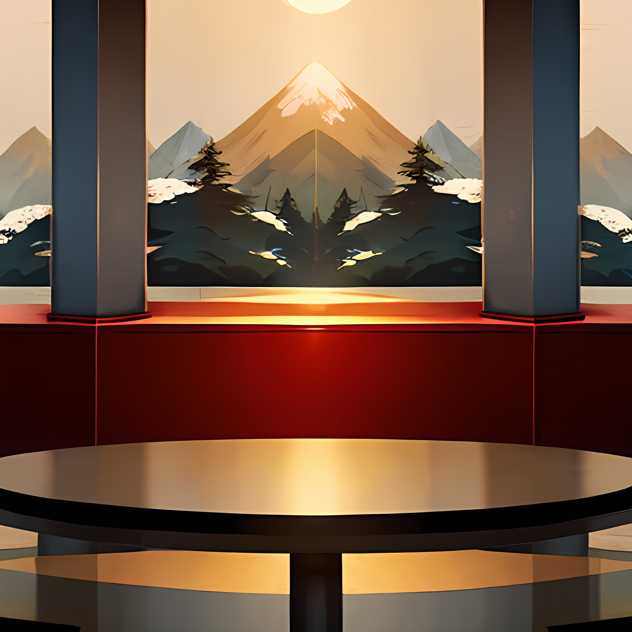 Minimalist chinese background,indoor,guest-greeting pine,round/square flat podium,Mountain,studio lights,stone,A circular screen with a mountain design/A solid color screen,A solid wall/A wall with a mountain pattern,empty flat podium,(best quality:1.2),(extremely detailed CG unity 8k wallpaper) <lora:zhantai-001-:1>