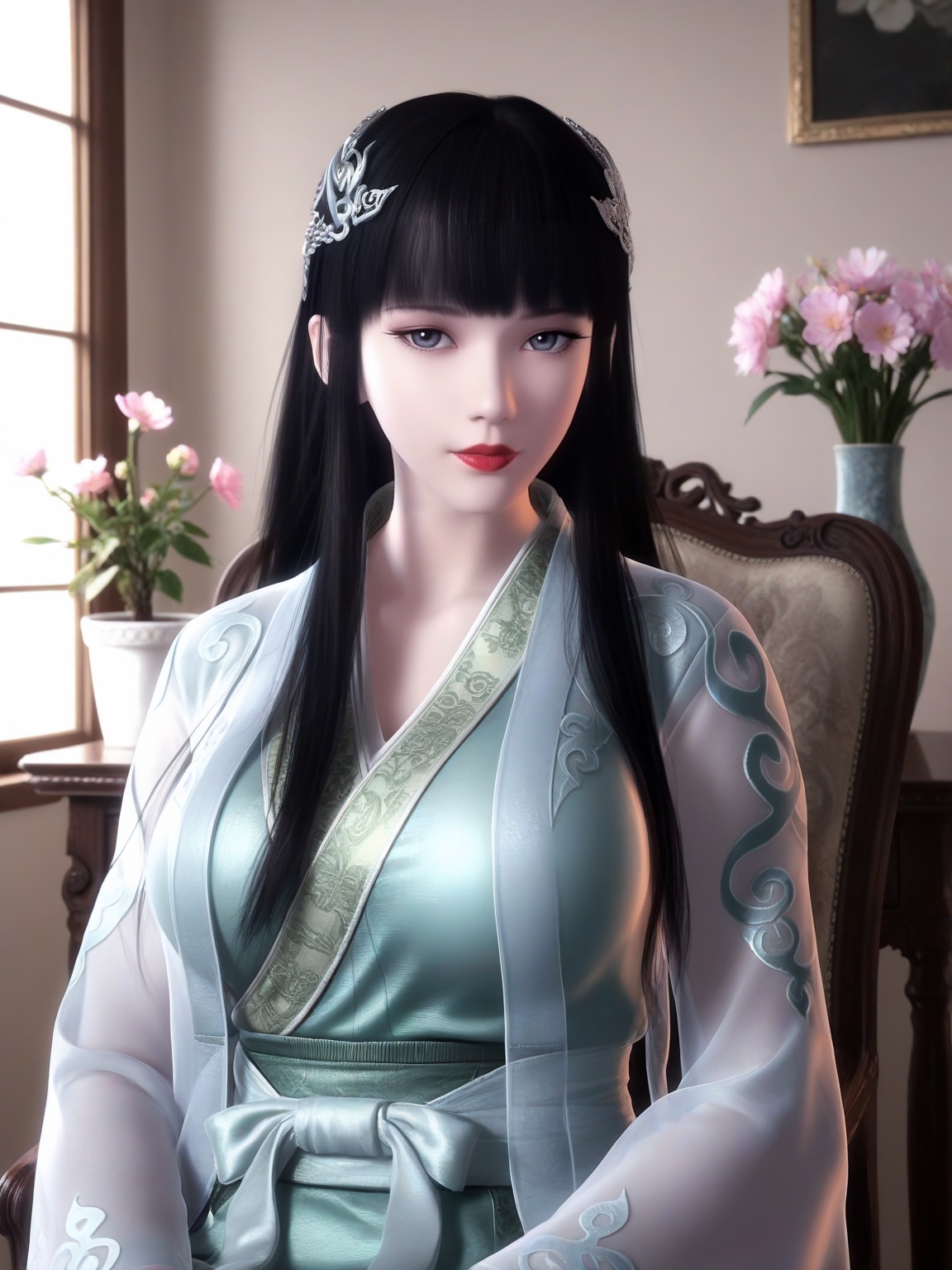 masterpiece,ultra-HD,photorealistic,high detail,best quality,8k,best quality,sharp focus,ray-tracing,1girl,breasts,large breasts,long hair,hair ornament,black hair,lipstick,bangs,long sleeves,dress,wide sleeves, sitting,chair,falling petals,eyelashes,solo,looking at viewer,enchanting expression,red lips,Flower Potted Plants,<lora:SF_XinYueHu_ILv4050_Real-000004:0.7>,