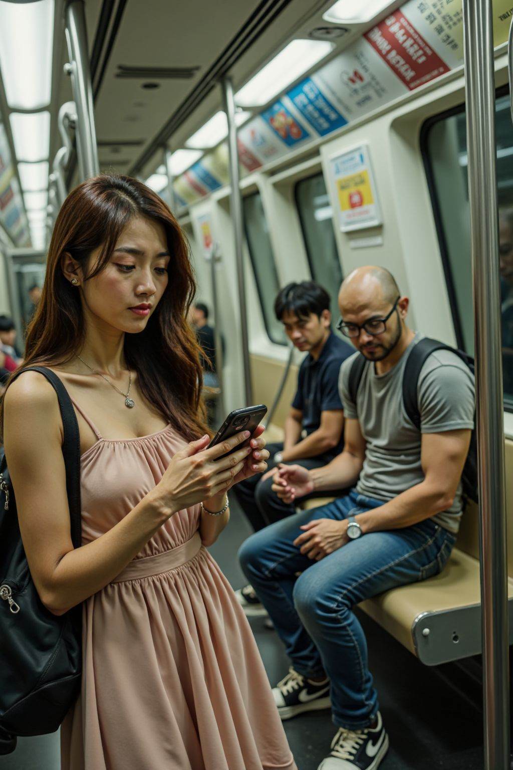 HDR photo of cinematic film still A photograph captures three young adults on a subway train. The woman with long hair and fair skin, wears a strapless dress, holding a smartphone. Beside her, a bald man in a shirt and pants looks at his phone, while a glasses-wearing man in a gray shirt and backpack sits behind them. The train's interior is modern, with metallic handrails and digital advertisements. . shallow depth of field, vignette, highly detailed, high budget, bokeh, cinemascope, moody, epic, gorgeous, film grain, grainy . High dynamic range, vivid, rich details, clear shadows and highlights, realistic, intense, enhanced contrast, highly detailed