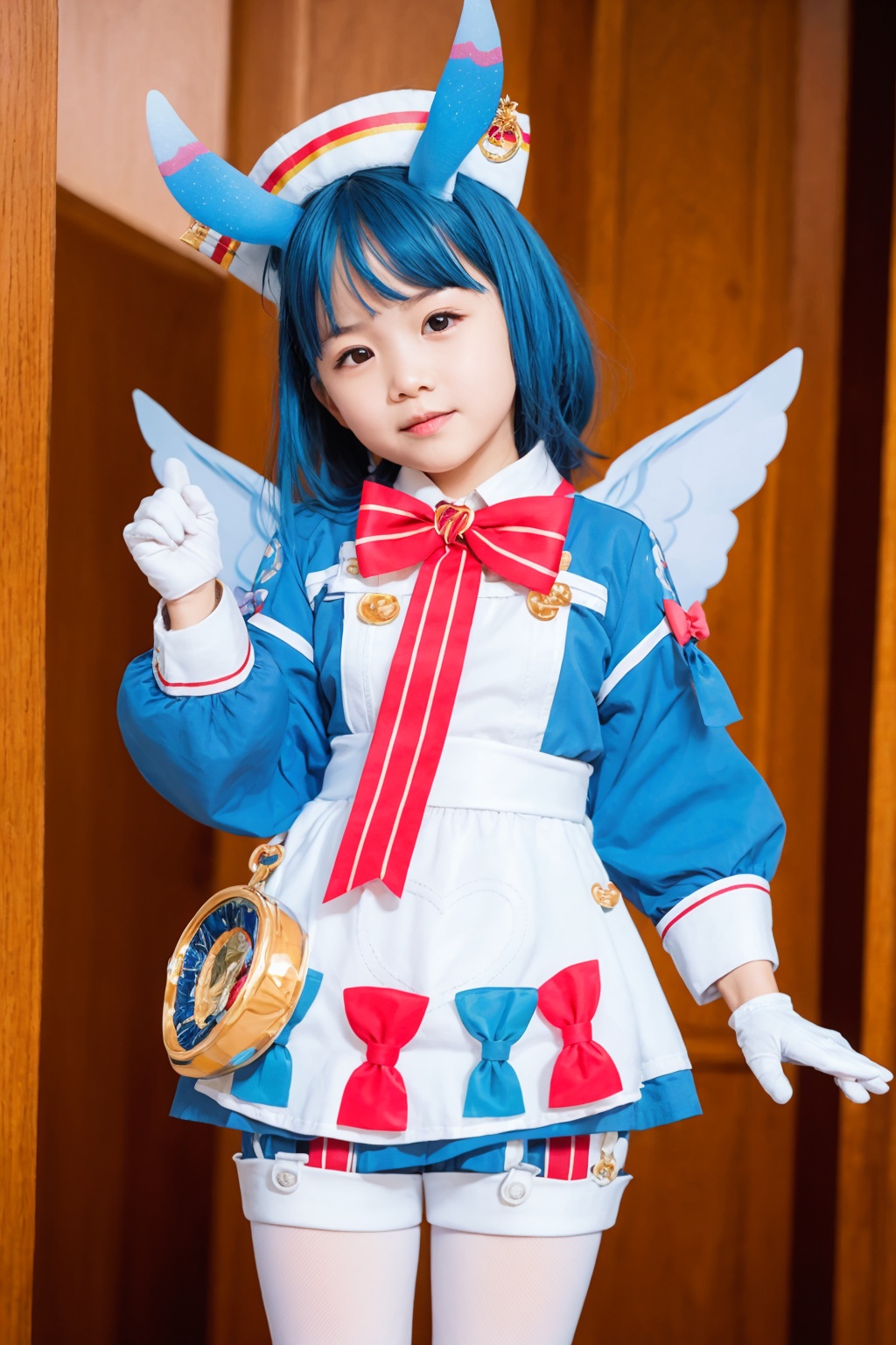 masterpiece, best quality,(photoshop \(medium\):1.4), <lora:sigewinne-v2:1>,(sigewinne (genshin impact):0),1girl,animal ears,hat,blue hair,multicolored hair,two side up,red eyes,bow,bowtie,blue dress,white apron,wings,long sleeves,white gloves,shorts,white pantyhose, cowboy shot,