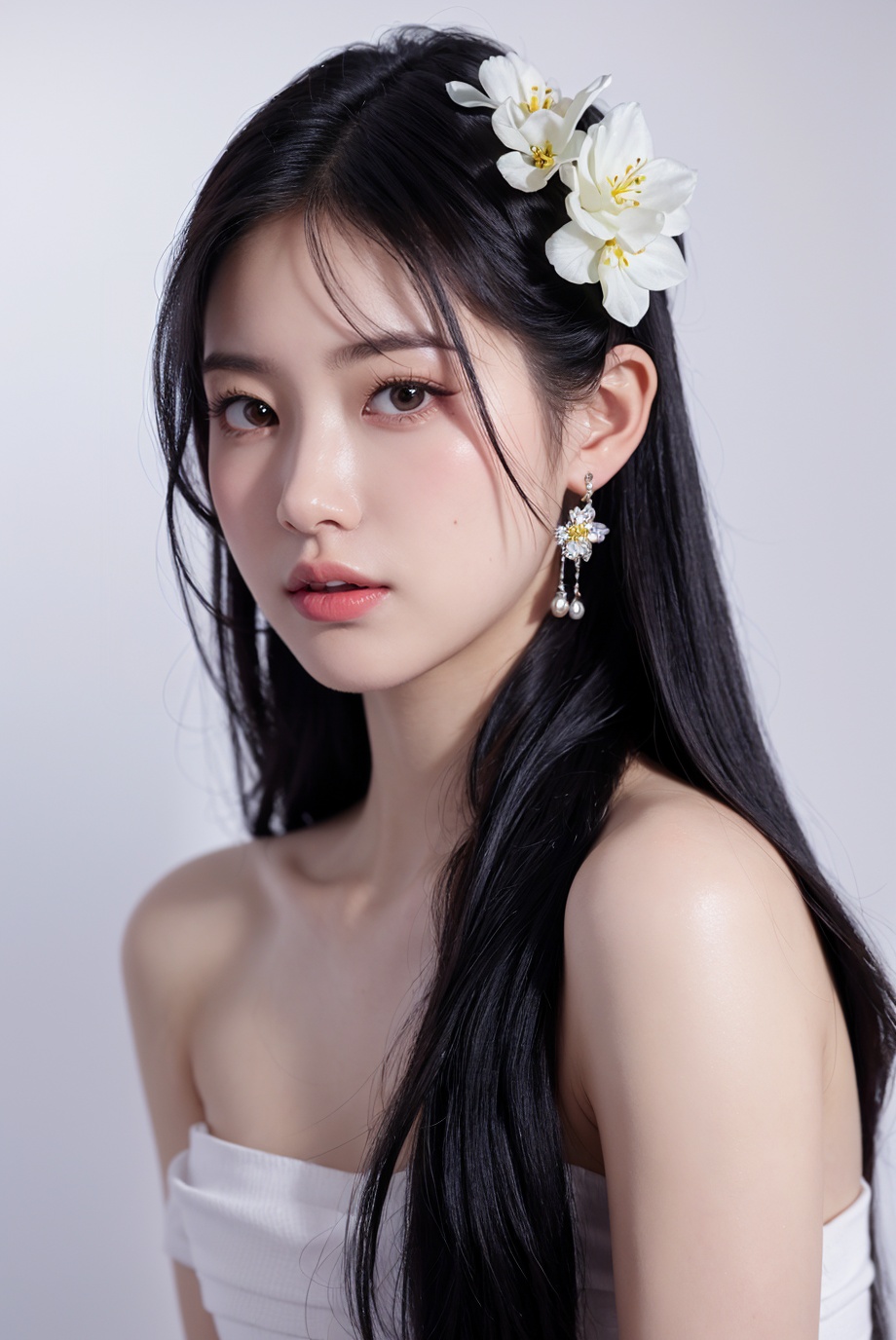 1girl, solo,(front view:1.2),(looking_at_viewer:1.4),(eye-contact:1.4),,black hair, long hair, jewelry, realistic, earrings, hair ornament, black eyes, lips, collarbone, parted lips, flower, watermark, upper body, portrait, hair flower, dress, web address,  <lora:YG红颜阁美女9:0.85>,