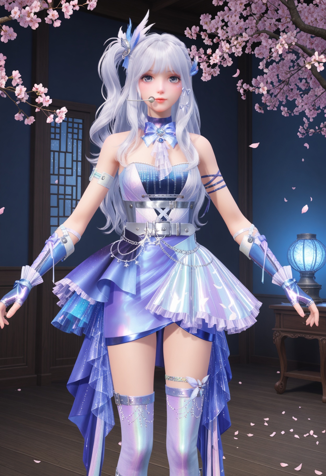 (upper_body:1.2),(looking at viewer:1.1),facing viewer,direct gaze,(masterpiece:1.1),(best quality:1.2),(intricate details),(smog:1.3),(Dark room:1.3),(dim lighting:1.3),peach blossom,falling petals,<lora:YQ_Illustrious光辉v5_暖暖23_星屑小梦曲_V1:0.8>,1girl,q1528437228,long hair,white hair,hair ornament,dress,fingerless gloves,boots,blue eyes,skirt,grey eyes,jewelry,one side up,belt,masterpiece,(best quality),(intricate details:0.9) BREAK (intricate details:0.9),(realistic skin:1.2),masterpiece,best quality,newest,absurdres,hiahres,