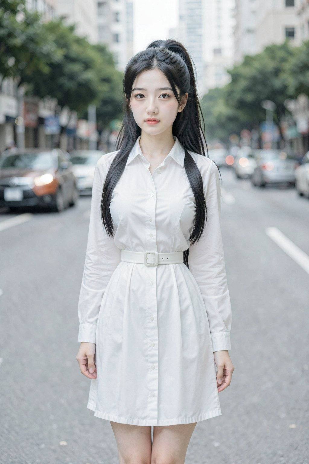 A photograph of a young Asian woman with fair skin, long black hair tied in a high ponytail, standing on a city street. She wears a white, long-sleeved, button-up dress with a high waist, cinched by a white belt, and no visible shoes. The background shows blurred cars, buildings, and greenery, indicating an urban setting. The street appears clean and well-maintained.