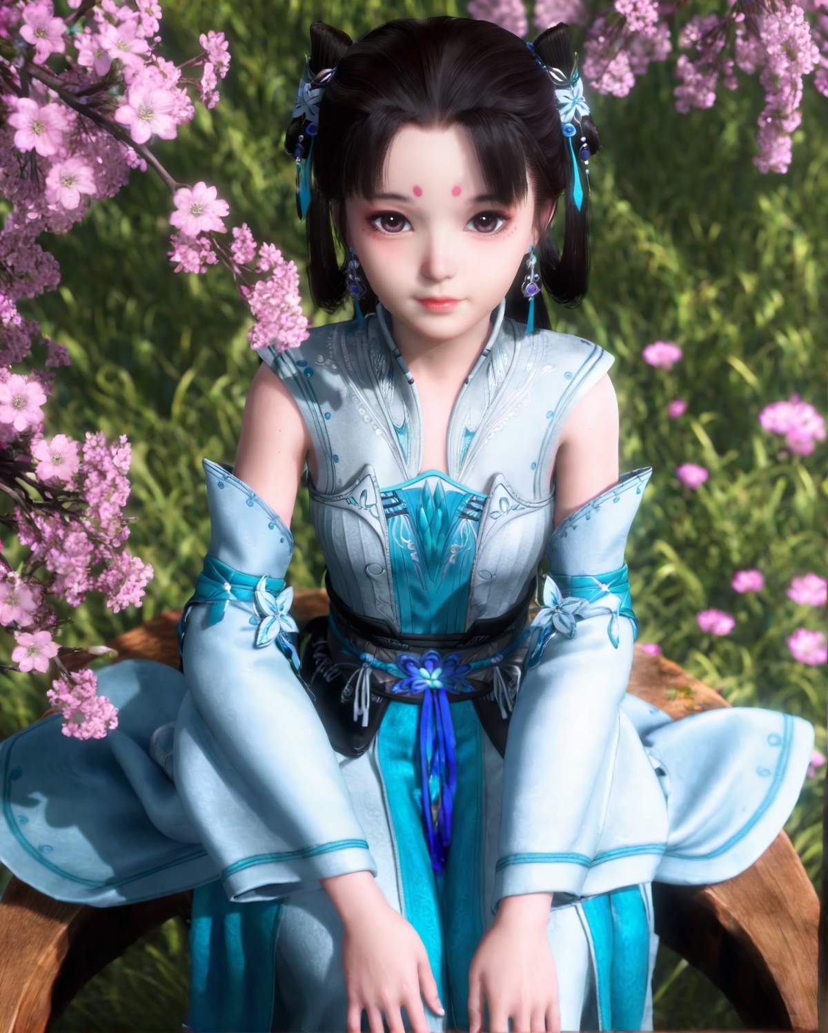 <lora:SF_XiaoLanLingE_Pony_Realism-000003:0.7>,1girl,solo,flower,forehead mark,twintails,dress,earrings,detached sleeves,facial mark,hair ornament,jewelry,sitting,looking at viewer,branch,black hair,long hair,from above,hair bun,blue dress,