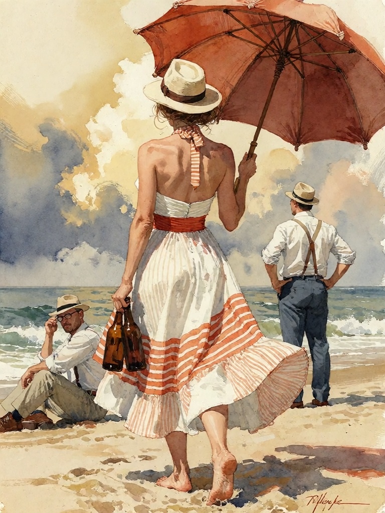 Bradhamel art style.A painting of a woman in a white and orange striped halter dress with a red sash,  wearing a light-col...