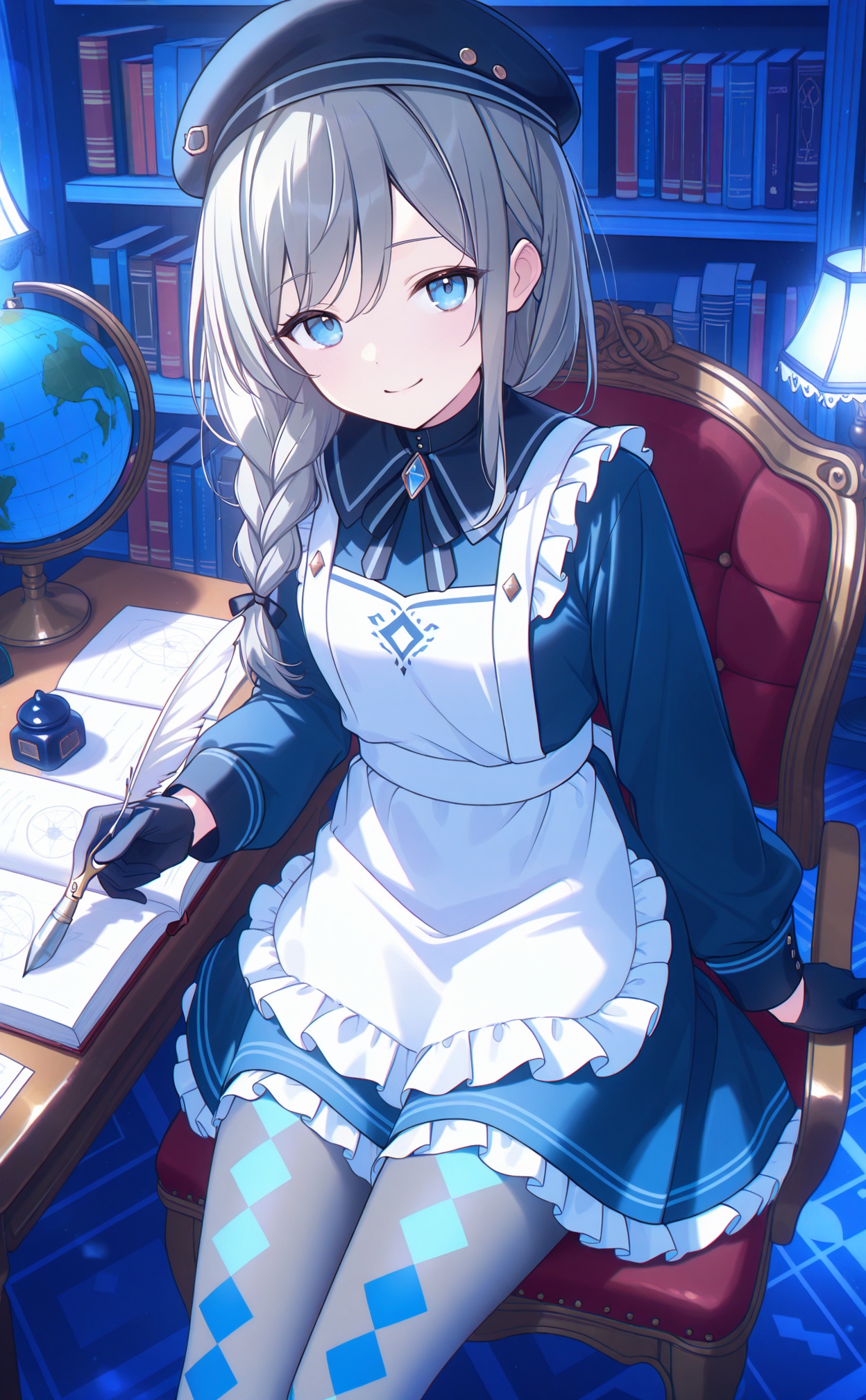 masterpiece,very aware,(highres),absurdres,newest,best quality,high quality,chromatic_aberration,White Theme,lightblue Theme,//,1girl, book, solo, blue eyes, hat, bookshelf, globe, sitting, braid, chair, open book, painting (medium), pantyhose, smile, argyle clothes, long hair, argyle legwear, traditional media, quill, watercolor (medium), library, desk, apron, dress, lamp, holding, grey pantyhose, looking at viewer, grey hair, inkwell, indoors, lantern, hair over shoulder, beret, gloves, long sleeves, scissors//,absurdres,newest,very aesthetic,amazing quality,highres,sensitive,ultra detailed,best anatomy,HDR,8K,high detail RAW color art,high contrast,illustration,depth of field,(colorful),phenomenal aesthetic,detailed light,blurred picture,Tyndall effect,contrast,lens flare,cinematic lighting,//,<lora:timmoo——【noob】hans:1>,