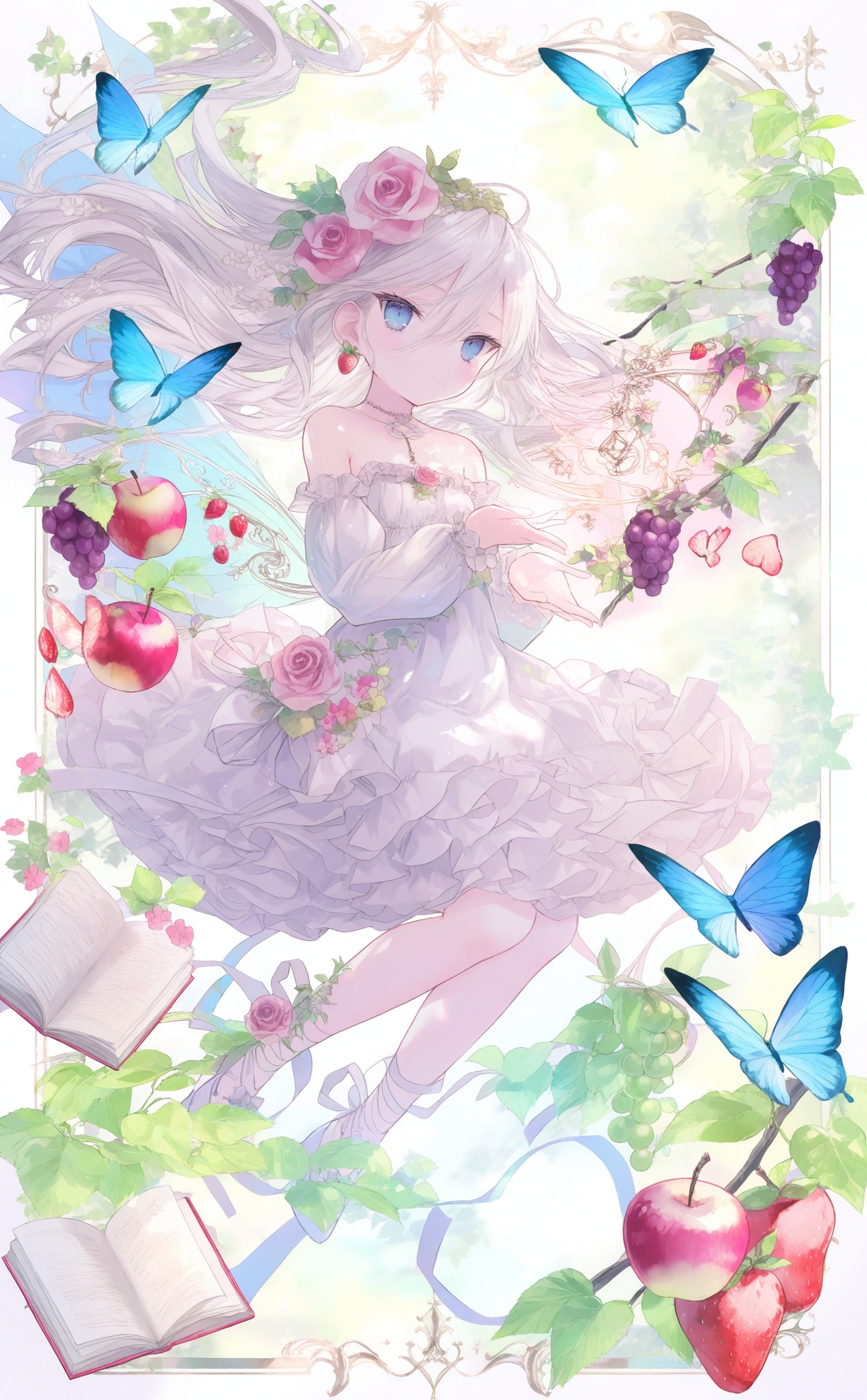 masterpiece,absurdres,best quality,loli,petite,high quality,chromatic_aberration,//,1girl, fruit, flower, food, butterfly, dress, hair ornament, solo, white dress, bug, hair flower, long hair, grapes, rose, wings, pink flower, book, white hair, looking at viewer, bare shoulders, detached sleeves, blue eyes, jewelry, frills, strawberry, frilled dress, apple, open book, floating, earrings, pink rose, full body, long sleeves, leaf, blue butterfly, floating hair, ribbon, branch, very long hair, bird, hair between eyes, necklace//,<lora:guimao2——【noob】hans:1>,