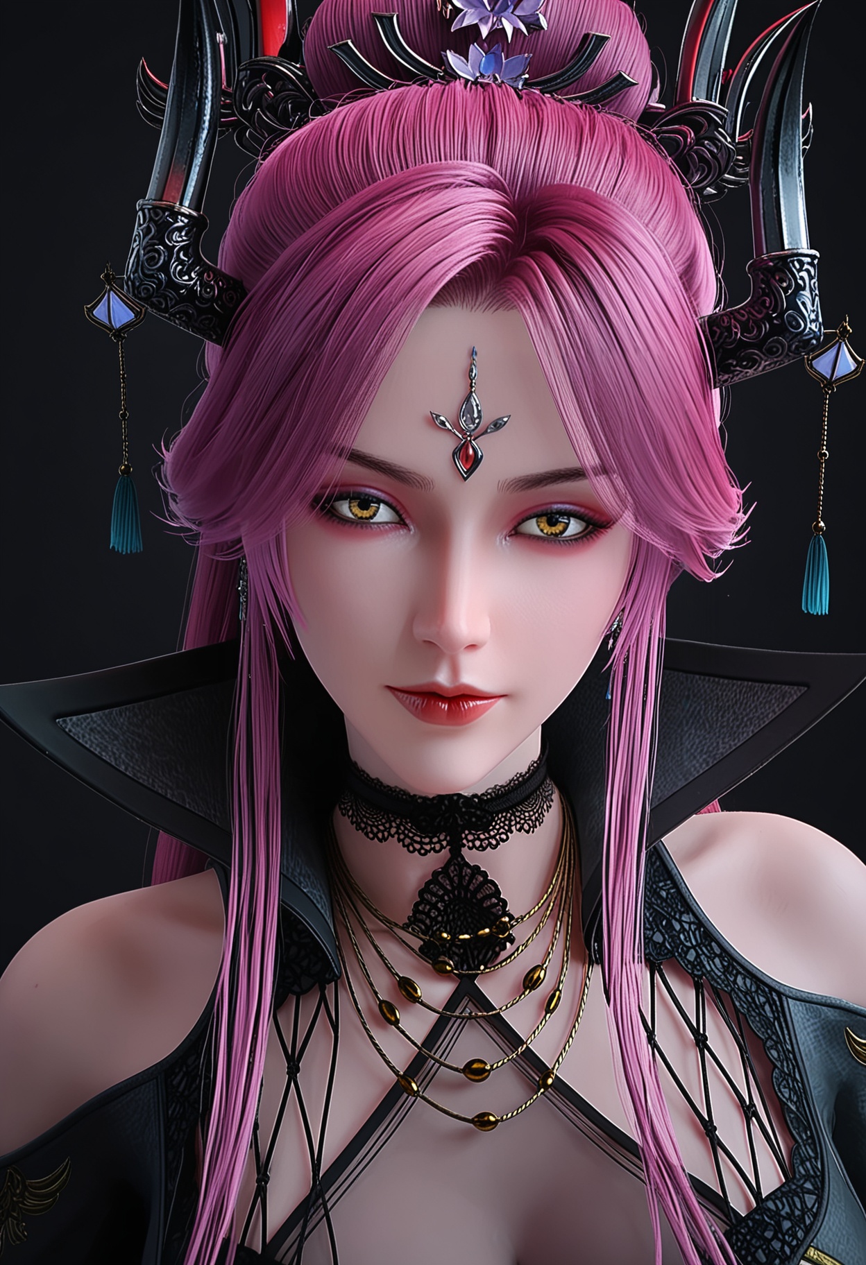 (upper_body:1.2),score_9,score_8_up,masterpiece,(best quality),intricate details,facing viewer,(looking at viewer:1.1),<lora:YQ_pony_manluo_V4:0.8>,q1528437228,1girl,solo,long hair,pink hair,jewelry,horns,hair ornament,earrings,choker,dress,makeup,necklace,red lips,red hair,purple hair,black dress,forehead mark,black high heels,yellow eyes,high collar,black choker,brown eyes,pantyhose,hair bun,black pantyhose,hair over one eye,long sleeves,puffy sleeves,eyeshadow,BREAKscore_9,score_8_up,masterpiece,(best quality),perfect anatomy,(hourglass),perfect face,(simple background,pure black background,black background:1.1),fair_skin,shiny_skin,Ivory_skin,