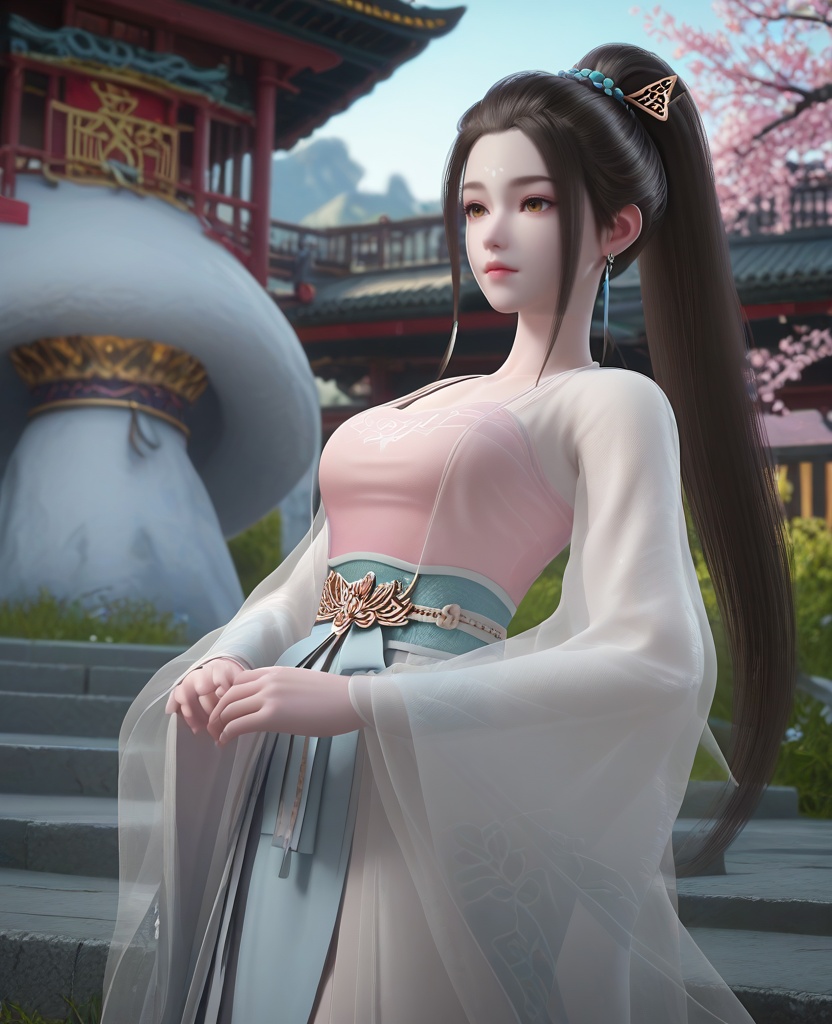 (oriental architecture, elegant decor, sophisticated style:1.1),(making a snowman:1.1),(breasts:1.2),<lora:XL16妖神记应月茹:0.95>,miss yingyueru,see-through overdress,pink camisole,brown eyes,forehead mark,black hair,high ponytail,very long hair,hair ornament,sash,light blue maxi skirt with slit,wide sleeves,white thighhighs,, score_9,score_8_up,score_7_up,score_6_up,score_5_up,score_4_up,3d rendering,tag1,tag2, Cinematic Lighting,backlighting,