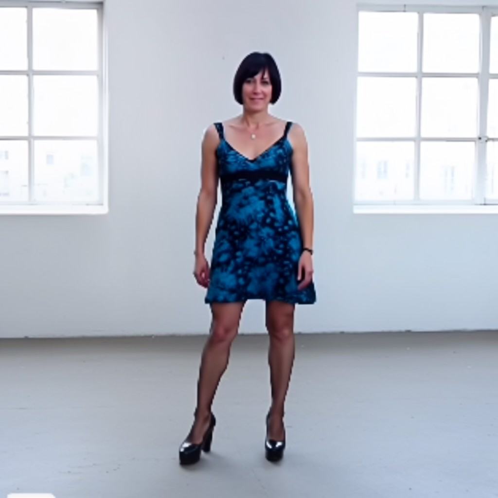 The image is a photograph of a woman standing in a minimalist,  brightly lit room with two large,  white-framed windows in...