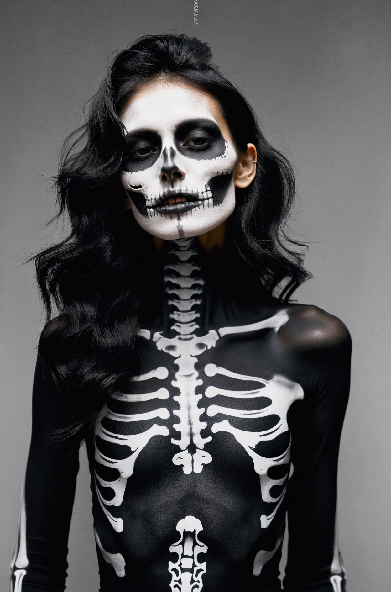 film grain texture,  analog photography aesthetic,  A woman with skeletal makeup on Tensor.Art