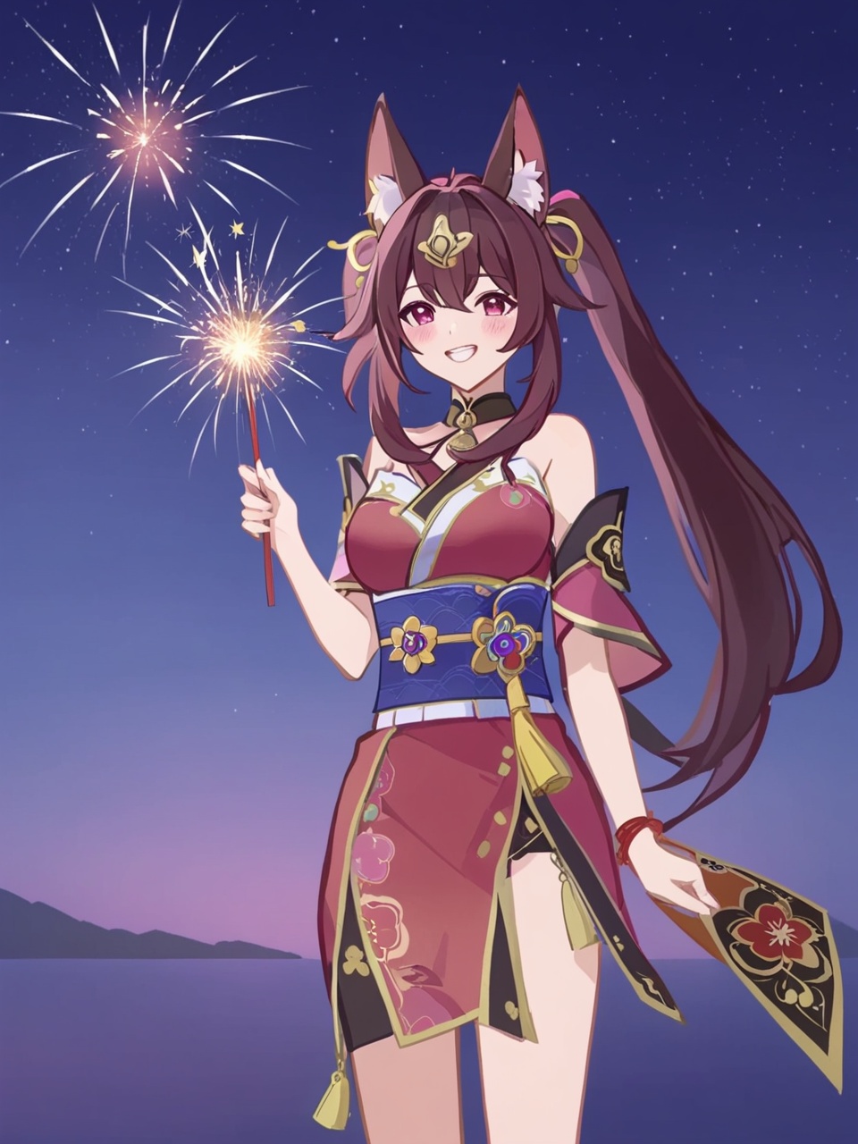 sparkle is a girl with long black twintails and pink eyes fox mask on his head,the outfit she is wearing is called 'huahuo' and it's a red off-the-shoulder kimono,1girl,fireworks,sparkler,solo,smile,looking at viewer,night,sky,night sky,grin,virtual youtuber,sash,blush,holding,masterpiece,best quality,gcg,<lora:gcg.xl-low-lr:0.7>,<lora:xl_sparkle>,