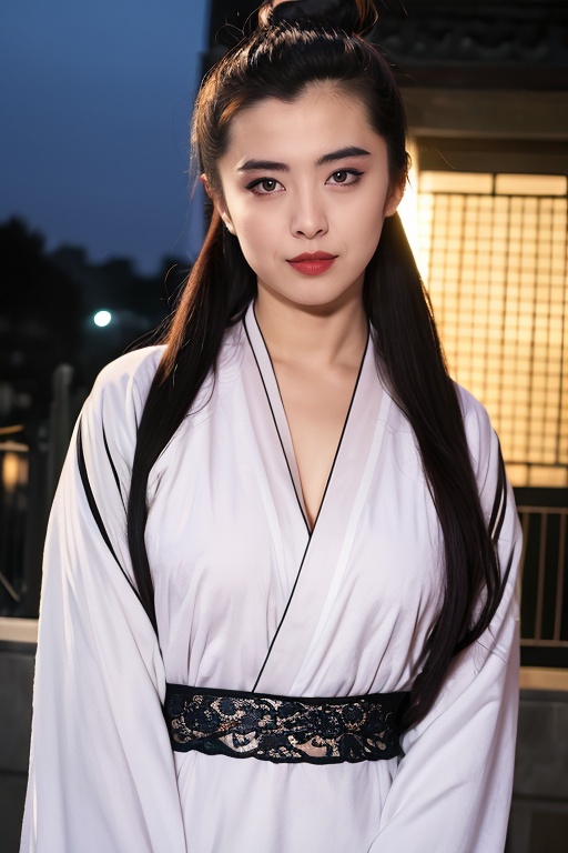 マスターチーフ PHOTOREALISTIC REALISTIC,masterpiece,best quality,highres,ultra detailed,8k,upper body,1woman,white hanfu dress,(classical long hair),hair ornament,hair bun,looking at viewer,makeup,chinese building,night,dark background,<lora:wangzuxiannsfw80:0.6>