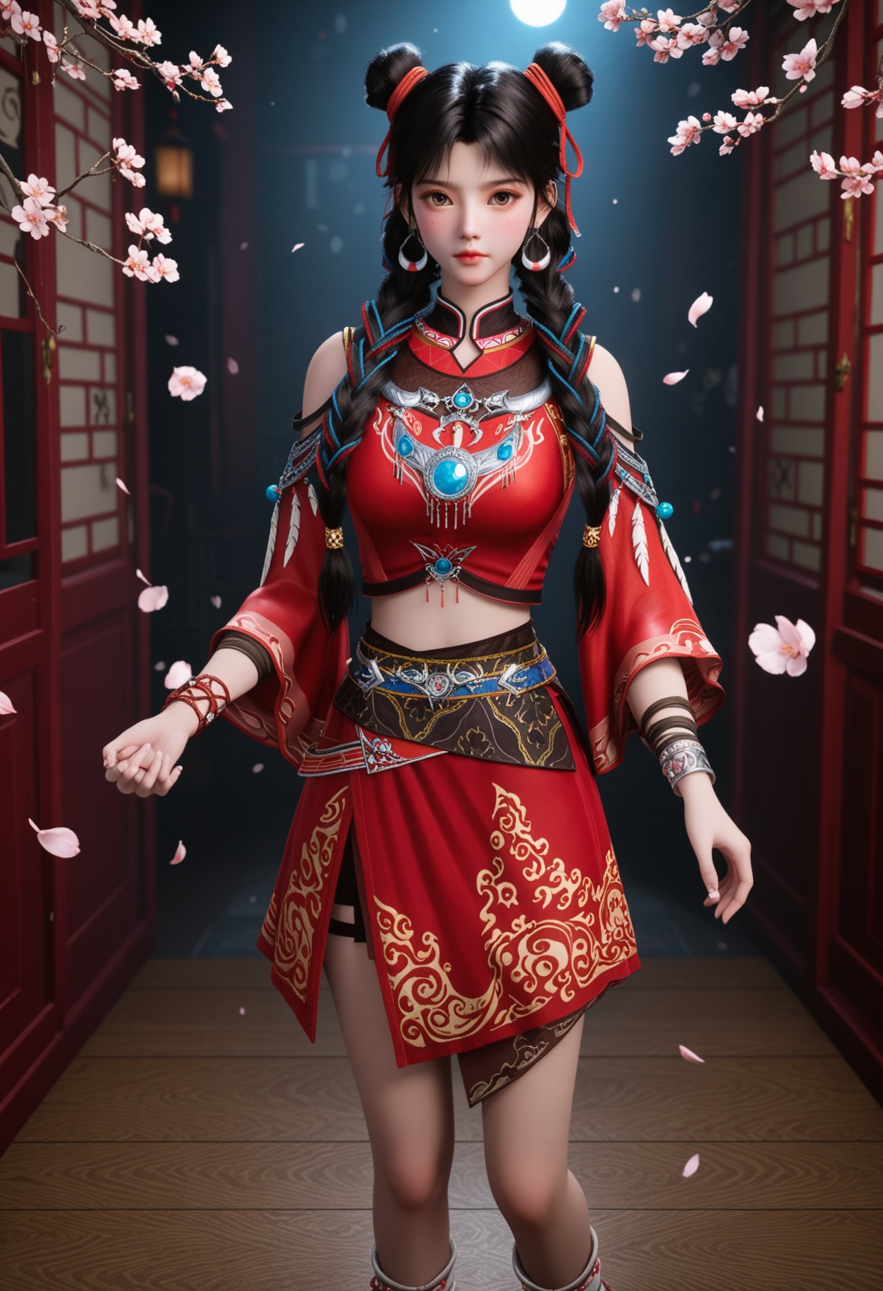 (standing full_body:1.1),(looking at viewer:1.1),masterpiece,(best quality),smog,Dark room,dim lighting,peach blossom,falling petals,<lora:YQ_Illustrious光辉v5_白落衡_V1:0.8>,q1528437228,solo,1girl,jewelry,black hair,long hair,earrings,hair bun,braid,ribbon,hair ribbon,twin braids,double bun,brown eyes,chinese clothes,multiple braids,bracelet,crop top,skirt,multicolored hair,feathers,dress,red ribbon,red skirt,single hair bun,red dress,hair over shoulder,leg warmers,socks,shirt,brown hair,red shirt,necklace,freckles,shoes,long sleeves,detached sleeves,hair ornament,china dress,black eyes,multi-tied hair,wide sleeves,ribbon braid,black footwear,