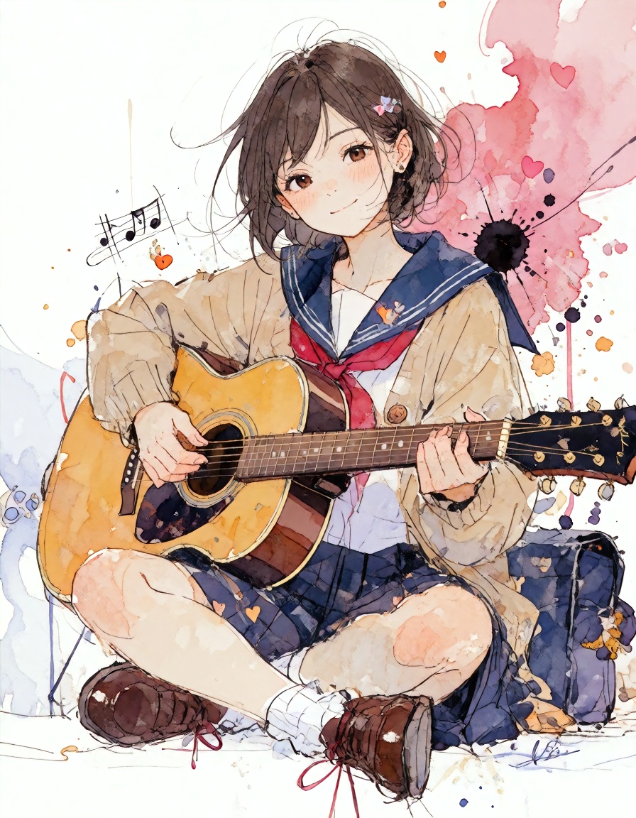 This is an artistic illustration blending digital watercolor and ink sketching. It depicts a lovely young Japanese woman w...