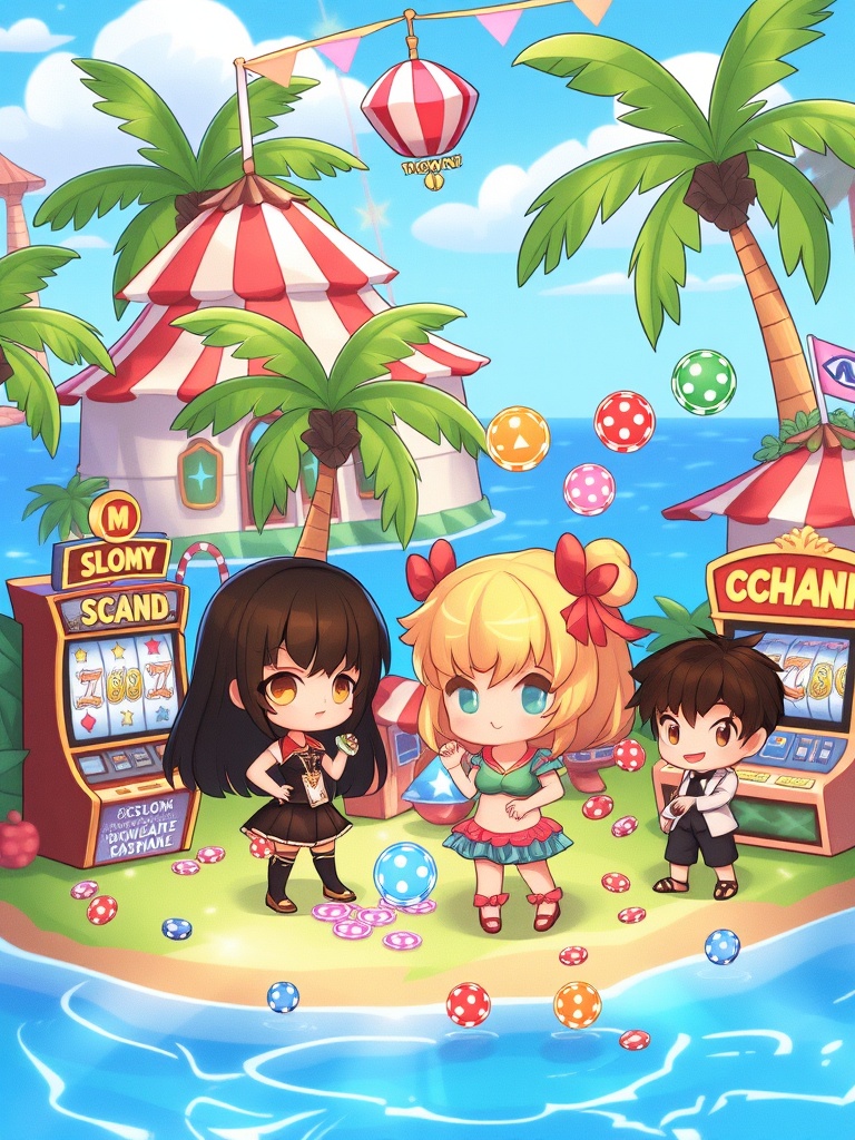 style_mix,  Cute chibi characters in a lively,  tropical fantasy world on Tensor.Art