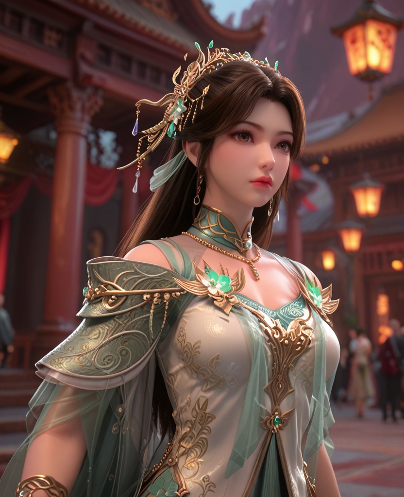 (oriental architecture, elegant decor, sophisticated style:1.1),(floating:1.1),(breasts:1.2),<lora:XL百炼成神溪幼琴:0.9>,miss xiyouqin,long hair,flower jewelry,brown hair,hair ornament,dress,earrings,green dress,bracelet,necklace,brown eyes,, zPDXL2, score_9, score_8_up, score_7_up BREAK realistic, masterpiece,best quality, highly detailed,, zPDXL3, zPDXL2,zPDXL, zPDXLxxx, zPDXLrl,