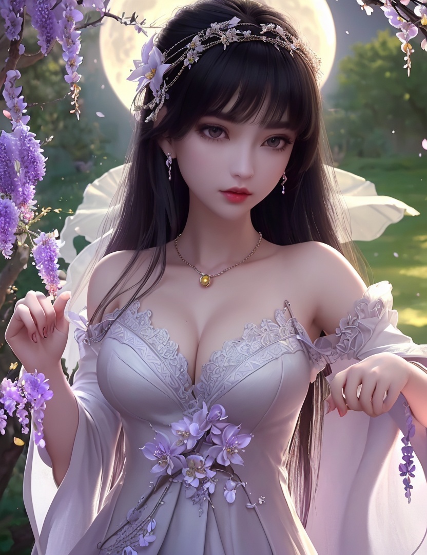 ultra realistic 8k cg, picture-perfect face, flawless, clean, masterpiece, professional artwork, famous artwork, cinematic lighting, cinematic bloom, perfect face, beautiful face, fantasy, dreamlike, unreal, science fiction,   lace, lace trim, lace-trimmed legwear,  (rich:1.4), prestige, luxury, jewelry, diamond, gold, pearl, gem, sapphire, ruby, emerald, intricate detail, delicate pattern, charming, alluring, seductive, erotic, enchanting, hair ornament, necklace, earrings, bracelet, armlet,halo((,1girl, pov,))(((1girl, jewelry, solo,breasts, looking_at_viewer,  outdoors,  full moon,  upper body, wisteria, chloris garden,  cherry blossoms, )))    <lora:DA_YueChanTeen:0.6>