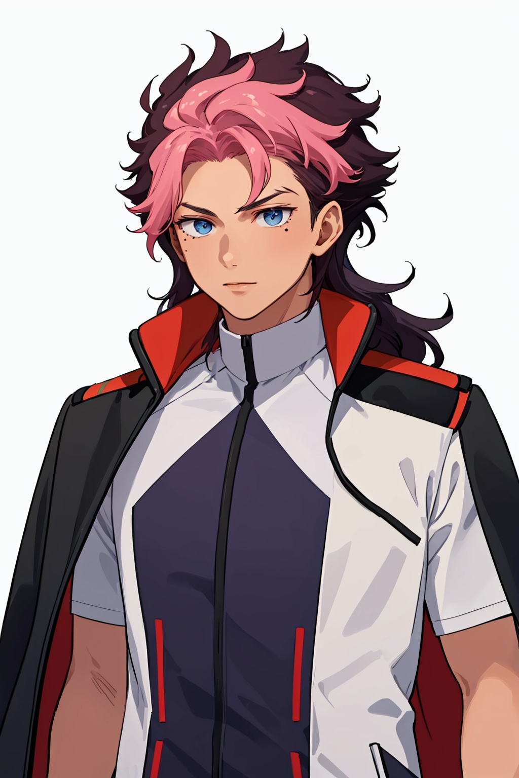 masterpiece,best quality, highly detailed, guel jeturk,1boy,male focus,solo,mole under eye,asticassia school uniform,jacket on shoulders,<lora:guel_jeturk:1>,simple background,white background