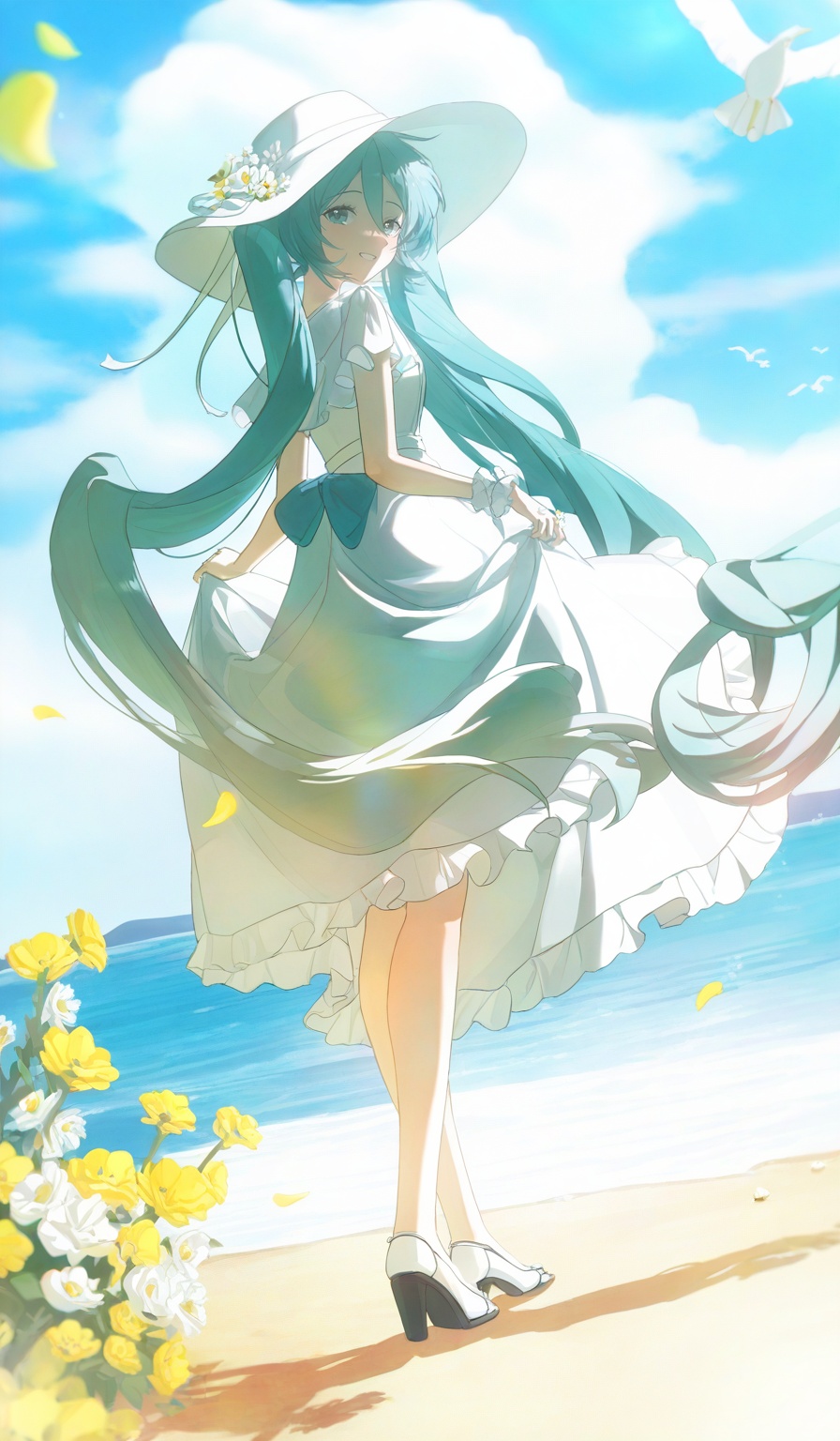 <lora:konya666 (5):1>,highres,absurdres,newest,very awa,masterpiece,best quality,year 2024,\,SenSen,1girl,hatsune miku,long hair,solo,outdoors,dress,bird,high heels,sky,aqua hair,very long hair,white headwear,flower,ocean,white dress,looking back,cloud,day,twintails,beach,looking at viewer,blue sky,aqua eyes,full body,standing,hat,smile,floating hair,white bird,frills,seagull,sunlight,frilled dress,bow,hair between eyes,skirt hold,horizon,short sleeves,sand,water,from behind,white flower,back bow,shadow,sun hat,cloudy sky,yellow flower,