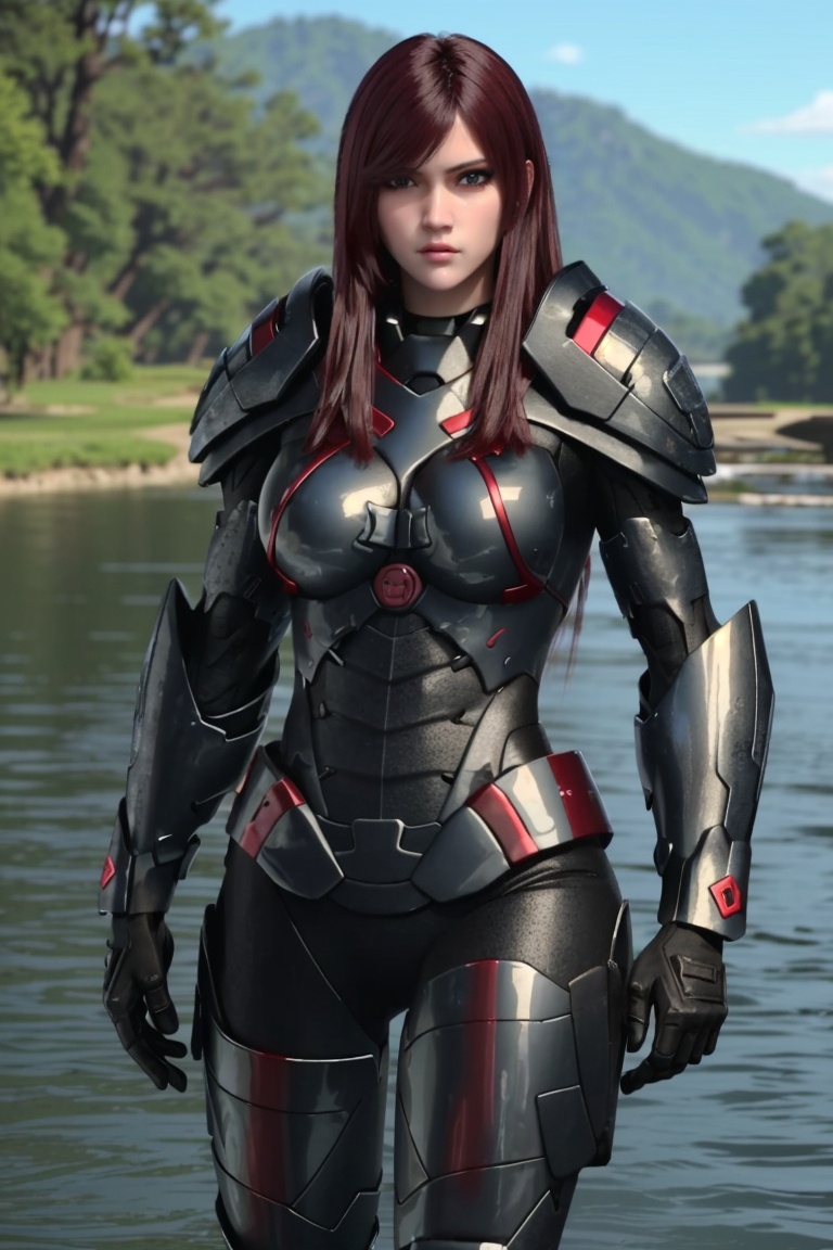 ((HRD, HUD, 8K)),((masterpiece, best quality)), highly detailed,1girl, solo, long hair, red hair, brown hair, brown eyes, lips, breasts, medium breasts, armor, bodysuit, shoulder armor, pauldrons, breastplate, power armor, sun, mountain, river, water, (cowboy shot), standing, looking at viewer,  <lora:20231223-1703323250913:0.74>