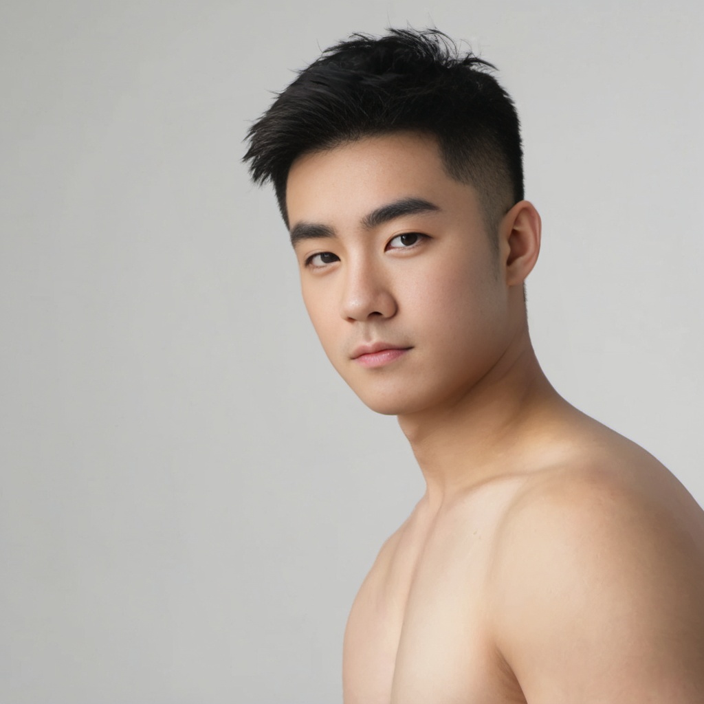 HIRO,1boy,asian boy,25 years old,highres,looking towards the lens,no top,Home,upper_body,clear background,front,