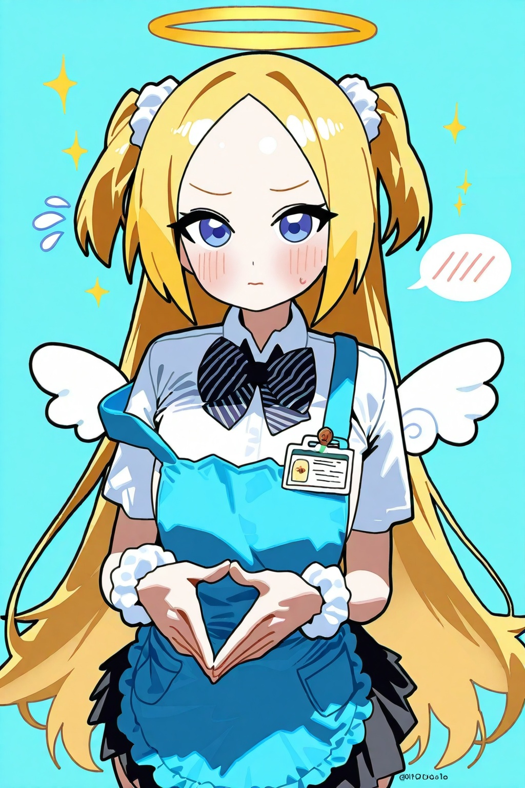 bbolalus,omone_hokoma_agm,modare,yonchan,rotroto,1girl,solo,halo,long_hair,blue_eyes,blonde_hair,apron,forehead,blue_apron,blush,spoken_blush,bow,wings,skirt,shirt,short_sleeves,two_side_up,black_bow,mini_wings,looking_at_viewer,white_shirt,black_skirt,scrunchie,id_card,wrist_scrunchie,collared_shirt,closed_mouth,strap_slip,striped_bow,very_long_hair,bowtie,blue_background,own_hands_together,striped,twitter_username,black_bowtie,pleated_skirt,white_wings,striped_bowtie,sparkle,bangs,white_scrunchie,flying_sweatdrops,, masterpiece, extremely aesthetic, newest,