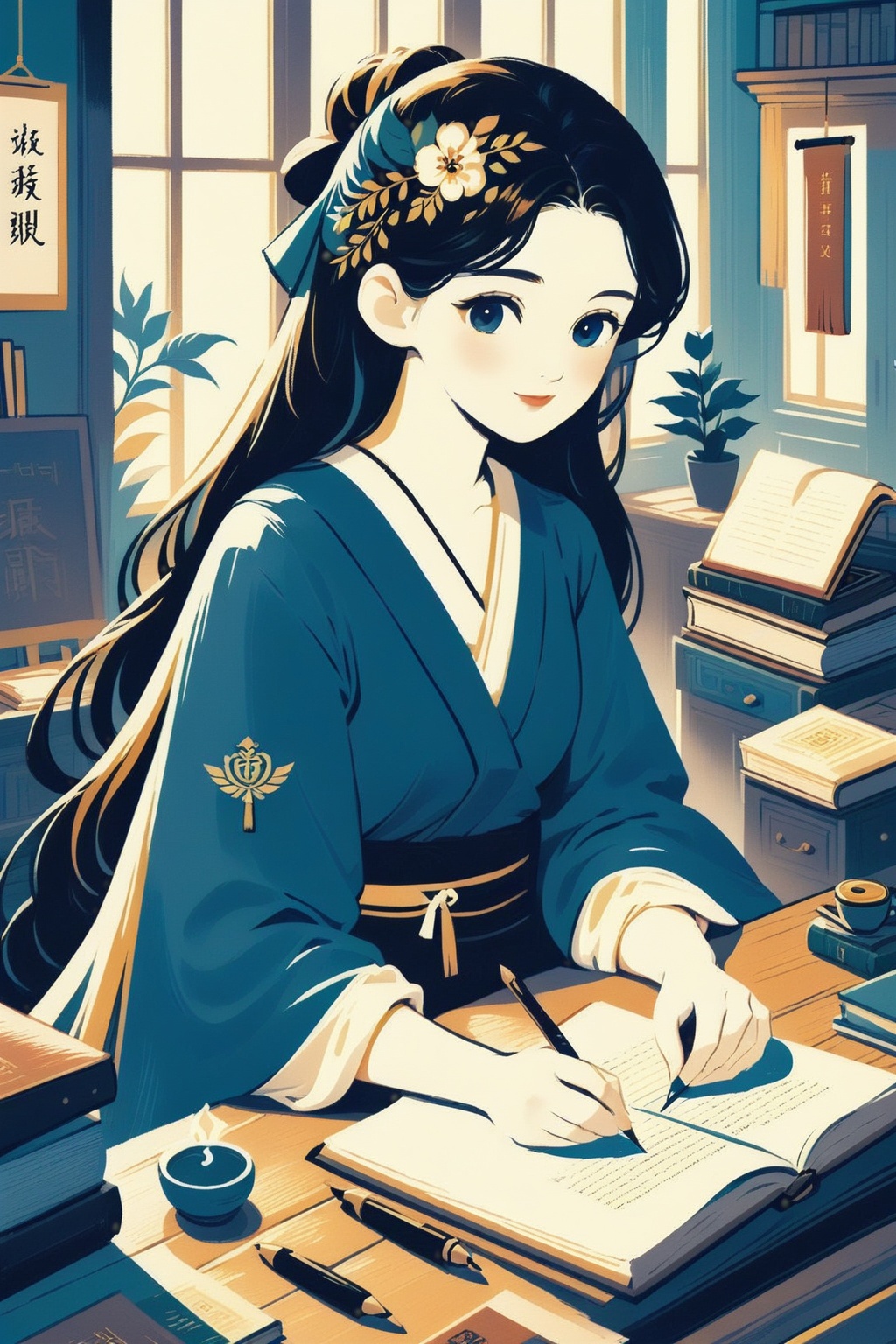 bachelor of ancient,writing a great work of history in the study,<lora:IllustrationCute-0010:1.2>,ctillu,