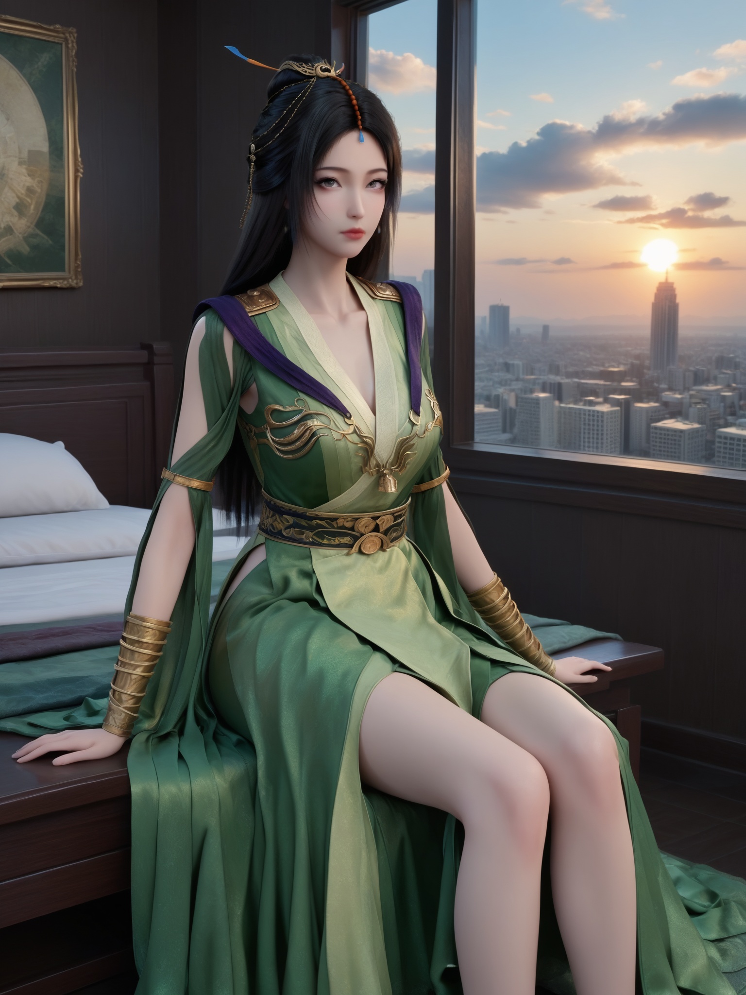 <lora:凡人修仙传-柳玉Pony:0.8>,1girl,long,straight,black hair,golden hairpin,flowing,green silk robe,with golden details,V-shaped neckline,gold-trimmed sleeves,high slit,wide belt,large,circular gold buckle cinches,1girl,solo,sitting,window,frills,sky,cloud,indoors,cityscape,closed_mouth,sun,looking at viewer,
