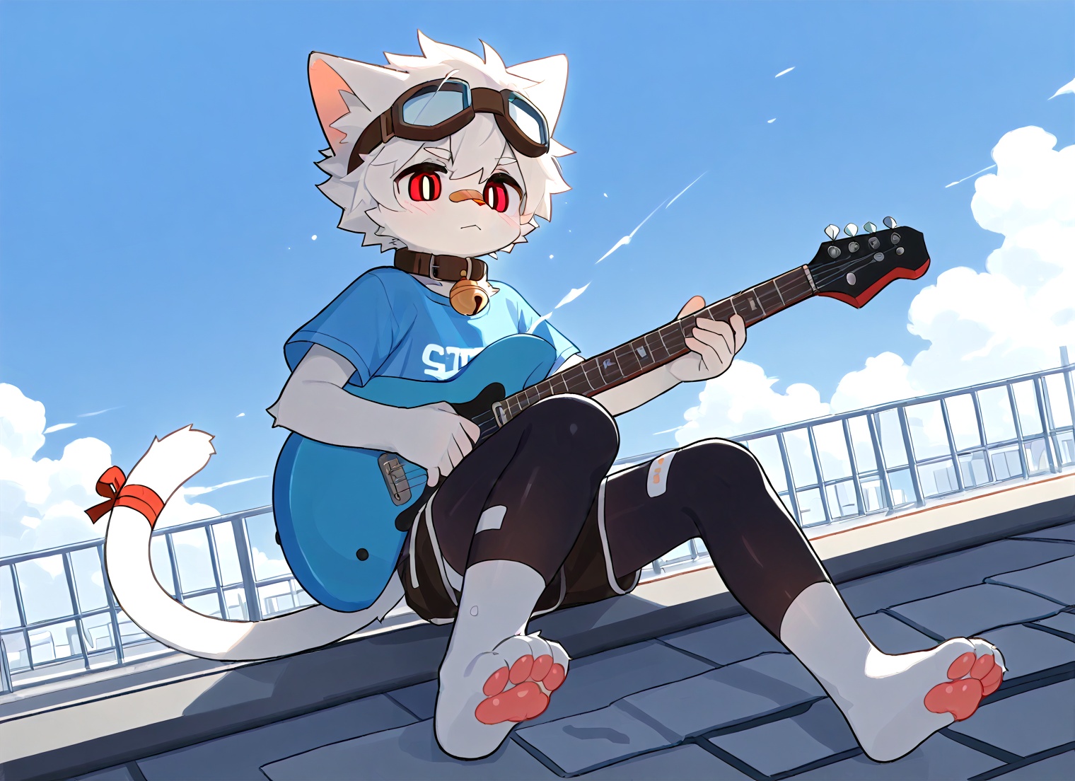 core_9, score_8_up, score_7_up,[16s],by niji6, [young furry boy,young_furry], cute furry character, holding a guitar, thick paint style, soft glow and ambient lighting, detailed background, soft shading, creative sketch papers around, light and atmospheric, expressive eyes, Japanese illustration style, cat boy,1boy,solo,male_focus,(white_hair:0.8),red eyes,[bell on collar,Collar,Cortical collar,Large collar],(blue t-shirt,black_leggings under shorts,black bike_shorts),(barefoot) BREAK dutch angle,vanishing point,sitting on rooftop,(blue sky,cloud,wind),(masterpiece, best quality:1.1),foot focus,goggles on head,bandage on nose,bandage on leg,Tail decoration,cat tail,Open coat,bare,body fur,anthro,