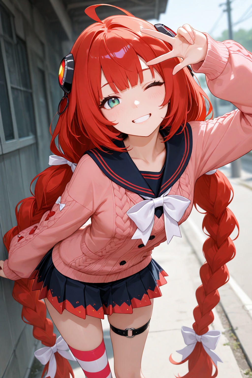 1girl, ukinami yuzuha, ahoge, aran sweater, arm up, belt, black skirt, bow, bowtie, braid, breasts, cable knit, collarbone, green eyes, hair ribbon, leaning, light smile, long hair, long sleeves, looking at viewer, miniskirt, leaning forward, head tilt, one eye closed, pink sleeves, pink sweater, pleated skirt, red hair, ribbon, sailor collar, single bare leg, single thighhigh, skirt, small breasts, solo, striped clothes, striped thighhighs, sweater, smile, grin, thigh strap, thighhighs, twin braids, very long hair, w, white bow, white ribbon, outdoors, depth of field, masterpiece, best quality, absurdres,